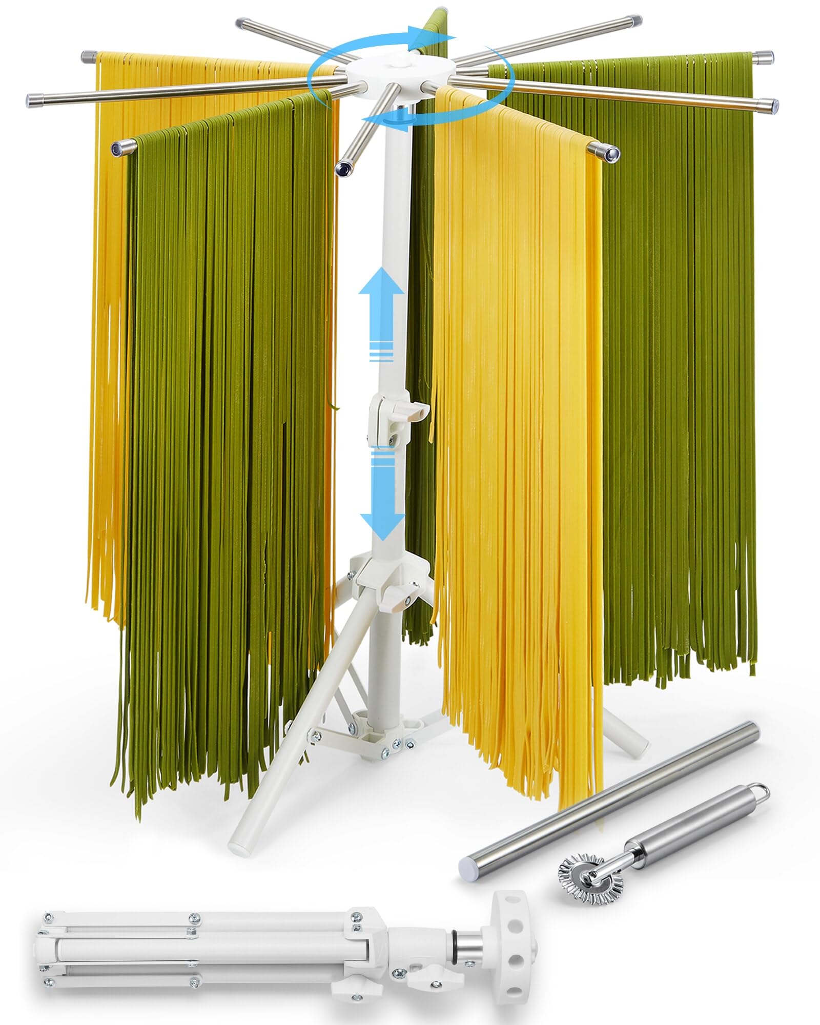 MUMSUNG Pasta Drying Rack Collapsible, 360 Rotating, Adjustable Height(14.5-23.6), 304 Stainless Steels Arm, Large Noodle Dryer 