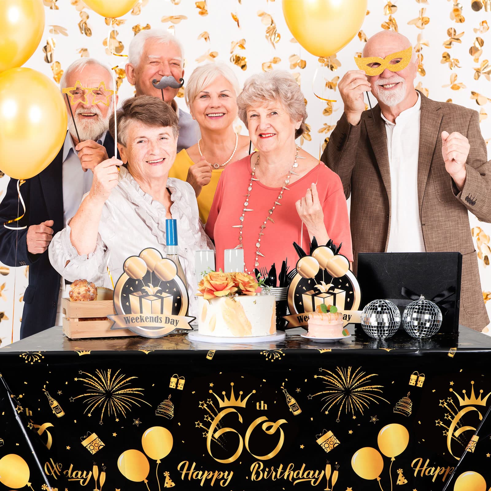 3 Pack 60Th Birthday Decoration Men 60Th Birthday Tablecloth Disposable Plastic Table Cover Rectangular Black And Gold Table Clo