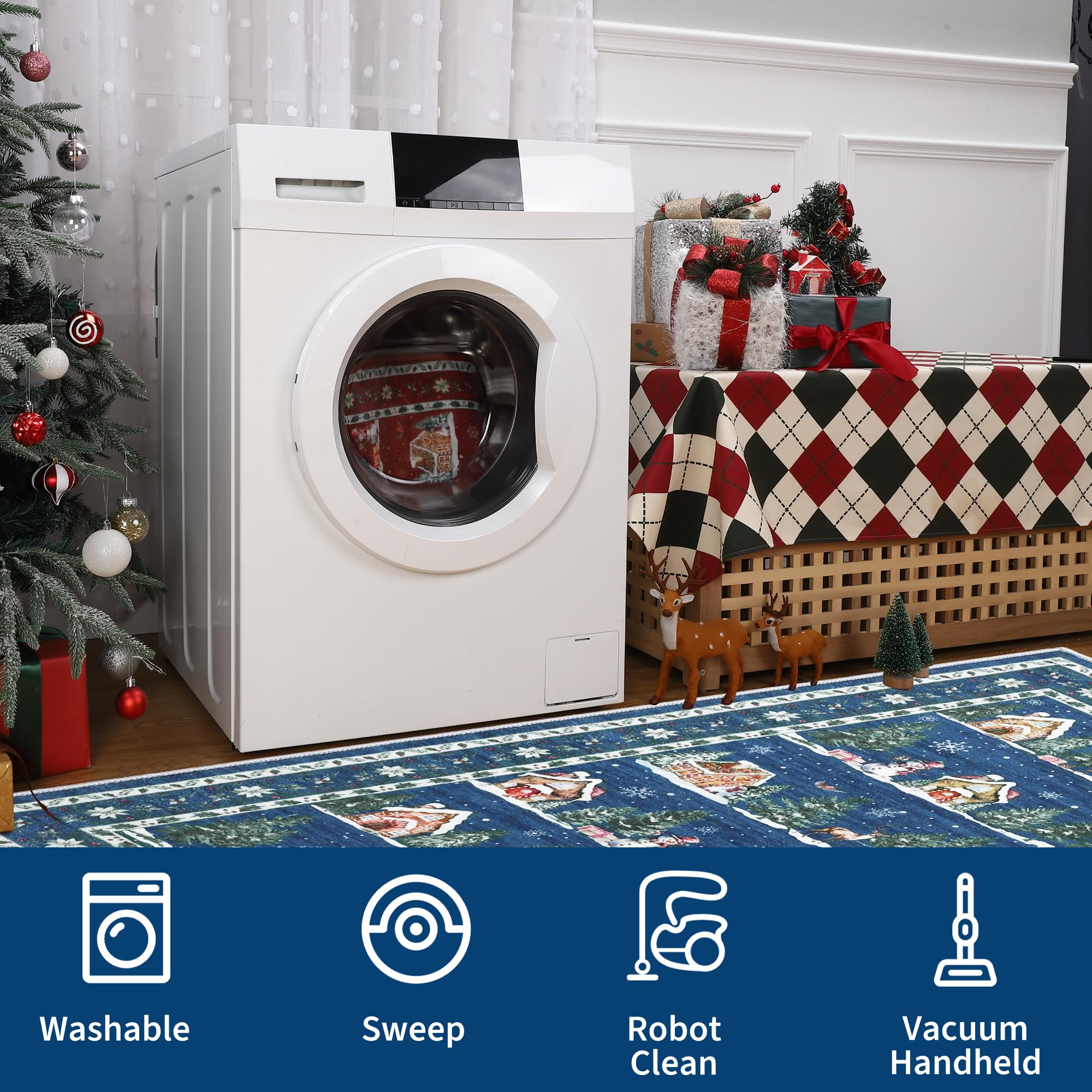 GarveeHome Christmas Rugs Runner for Hallways 2x8 Machine Washable Non Slip Backing Stain Resistant Christmas Tree Animals Print