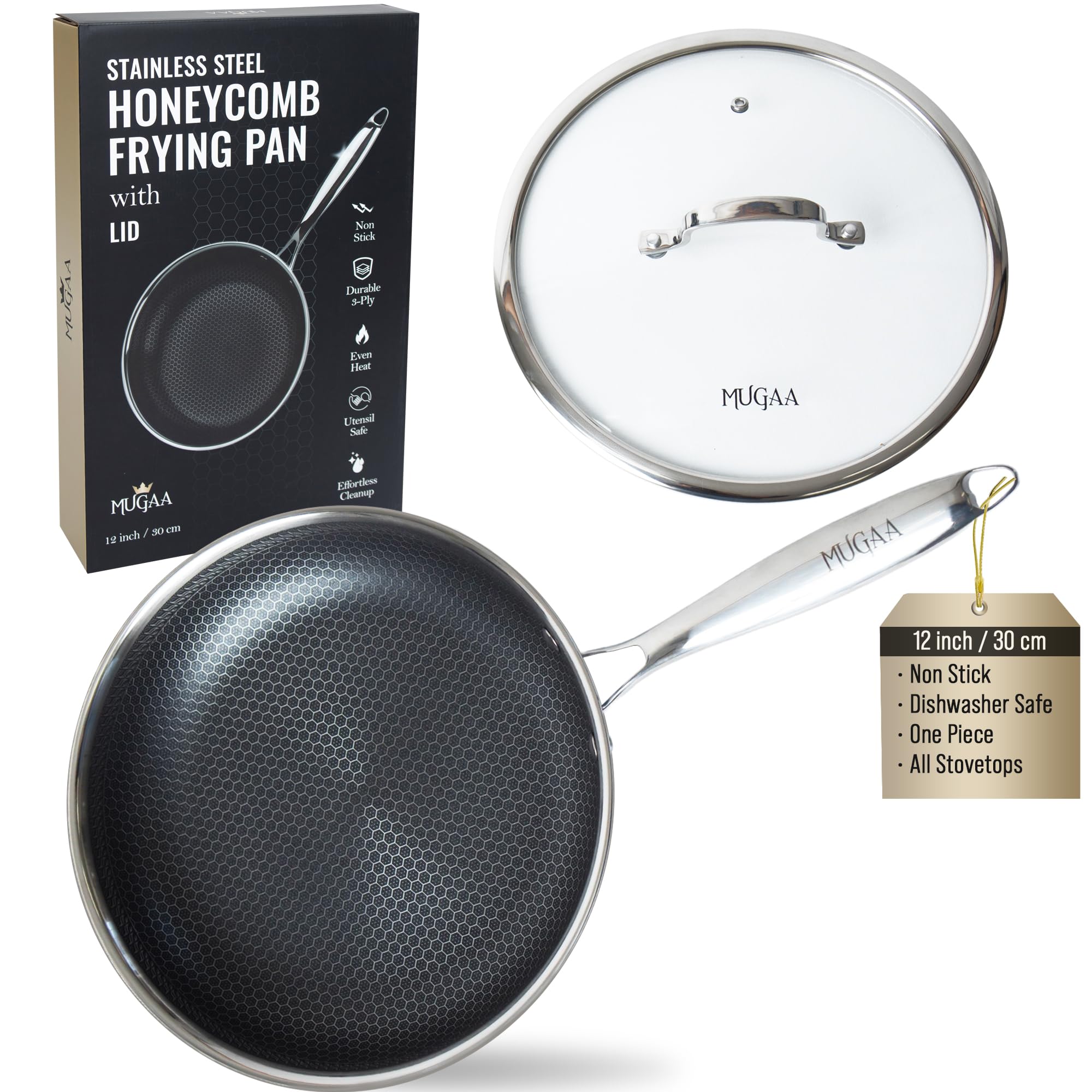 MUGAA 12 Honeycomb Stainless Steel Nonstick Pan with Lid, Induction Safe