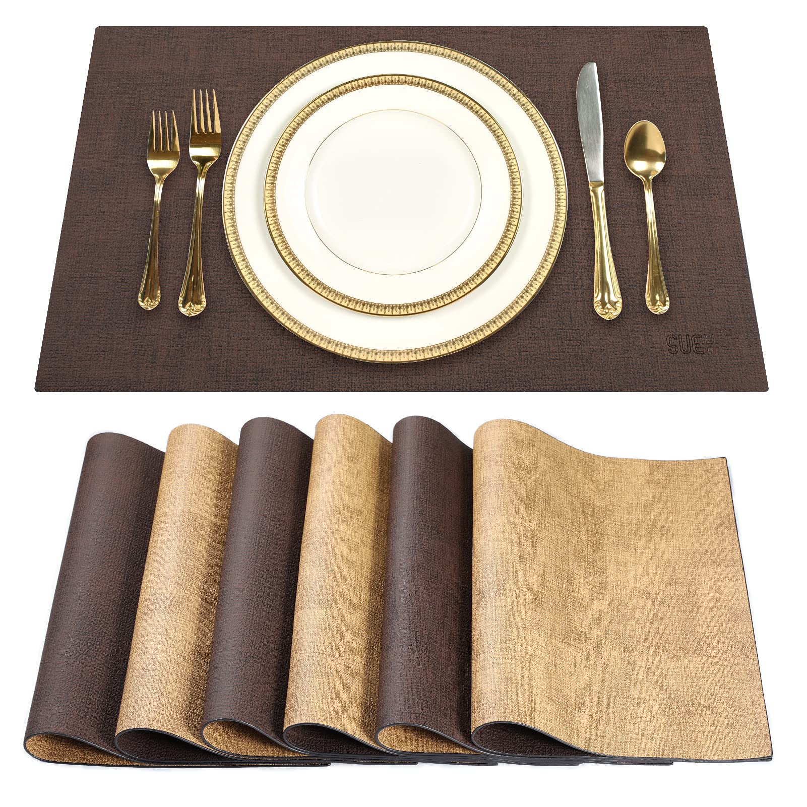 SUEH DESIGN Leather Placemats Table Mats Set of 6, Brown and Tan