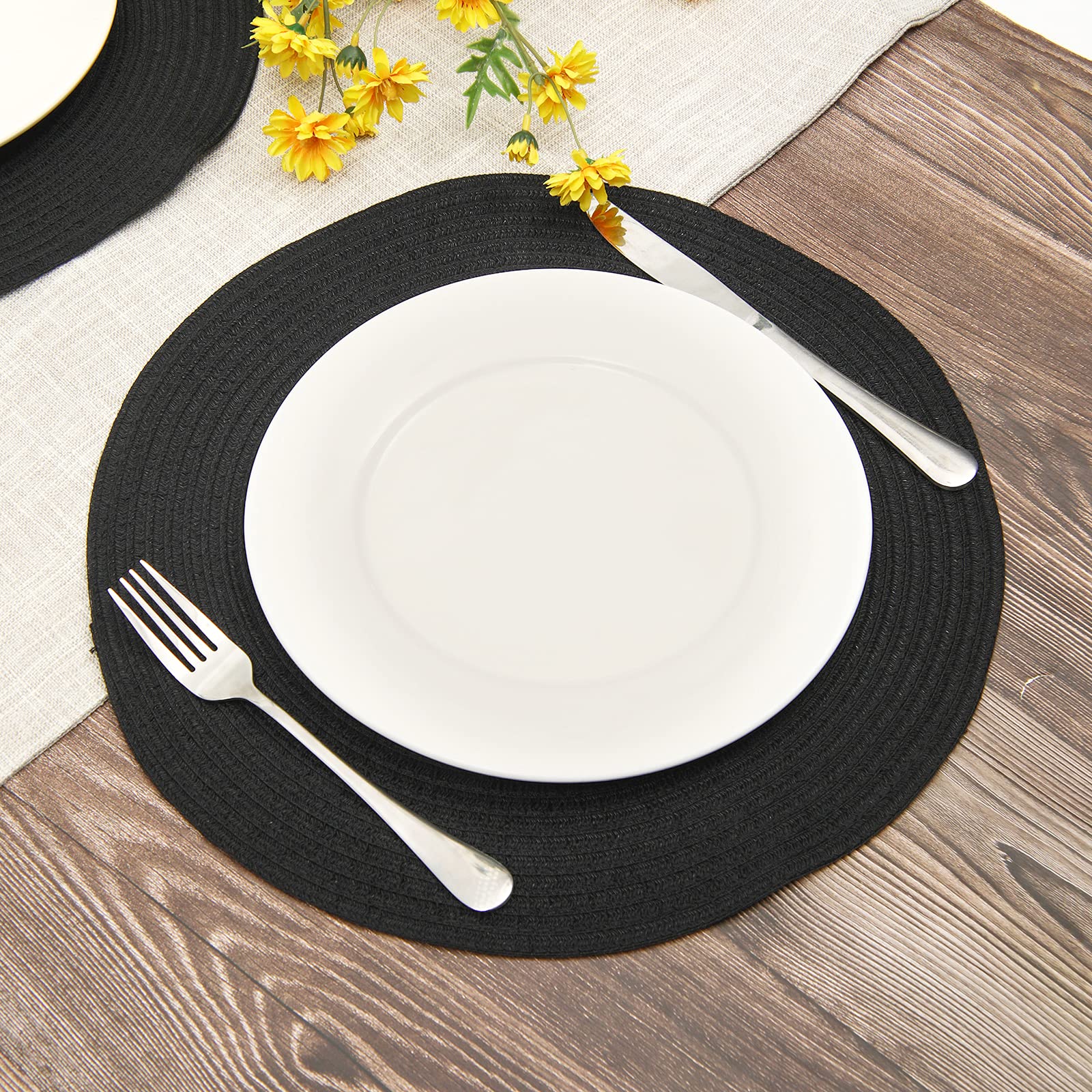 Shacos Round Braided Placemats Set Of 8 Washable Cotton Polyester Woven Round Table Mats For Dining Tables 15 Inch (Black, 8)
