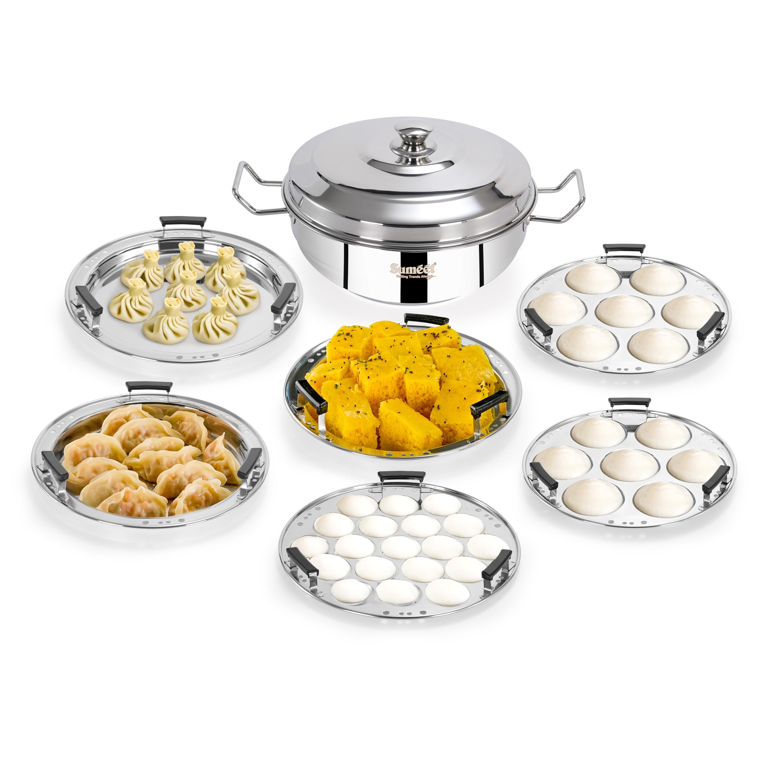 Sumeet ISI Certified Stainless Steel Induction Bottom Heavy Multi Kadai with 6 Plates - 2 Idli  2 Dhokla Patra  1 Momo Modak Steamer  1 Mini Idli Plate - 28cm  4.7Ltr  Silver