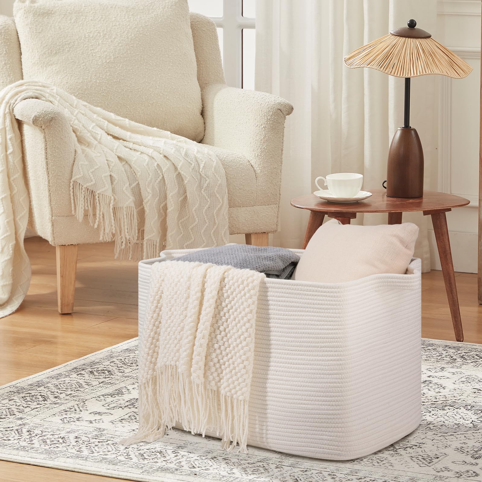 Oiasket 108L Laundry Basket For Organizing, 24.8''L X 16.2''W X 16.2''H Extra Large Blanket Basket, Rope Storage Basket For Livi