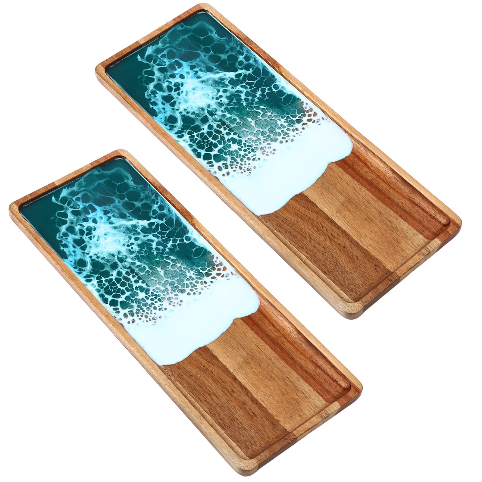 Yiyiring 2 Pcs Wood Serving Tray Ocean Wave Decorative Organizer Tray