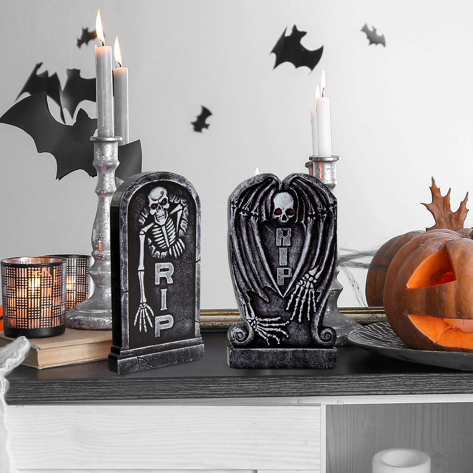Whaline 5Pcs Halloween Wooden Table Signs Graveyard Tombstone Tabletop Centerpieces Spooky Gravestone Tiered Tray Decor for Home