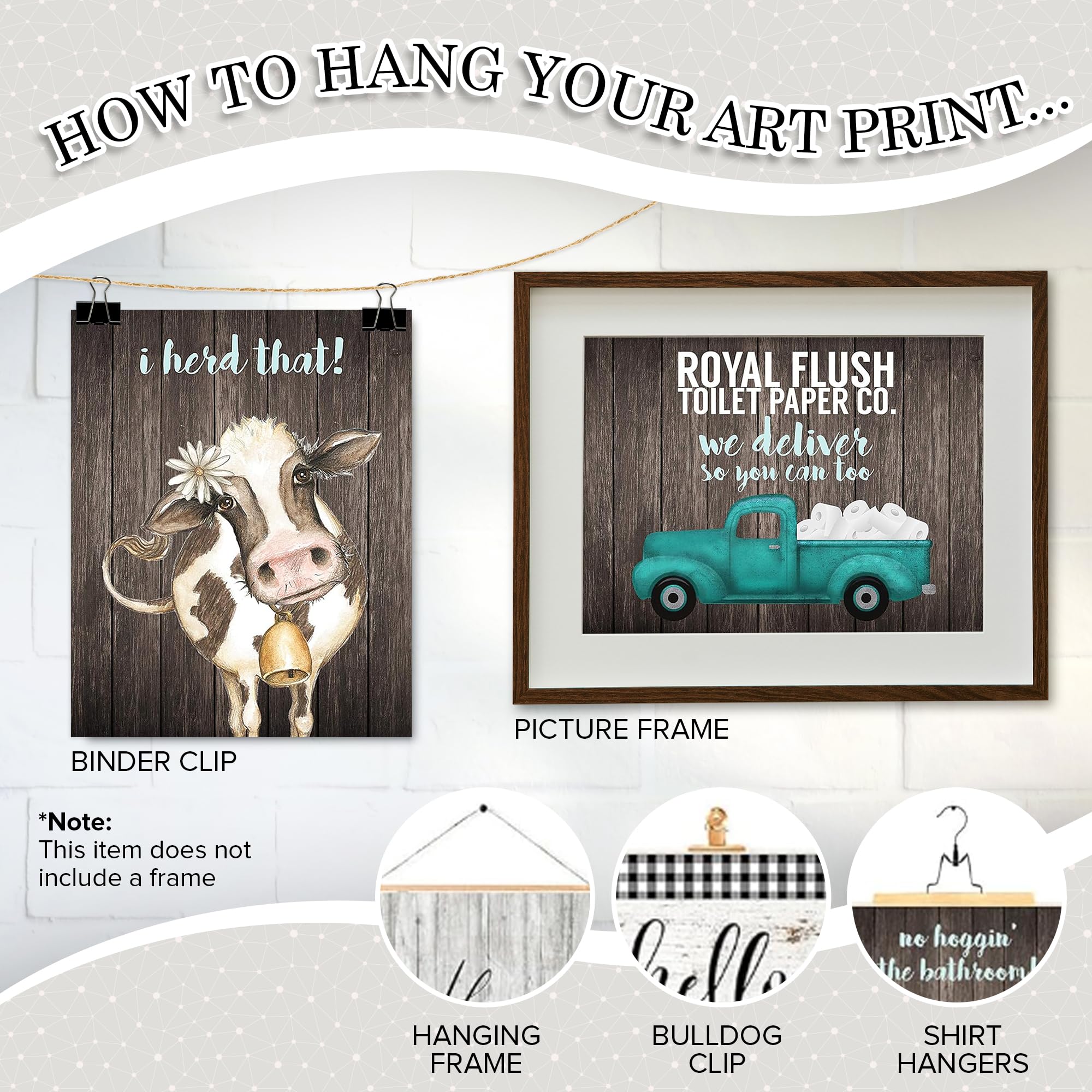 I Herd That! - Funny Farmhouse Bathroom Themed Decor Art Farm Rustic Wood Style Wall Prints Set Cow Pig Poster Signs Typography Cute Rules Toilet Paper Truck