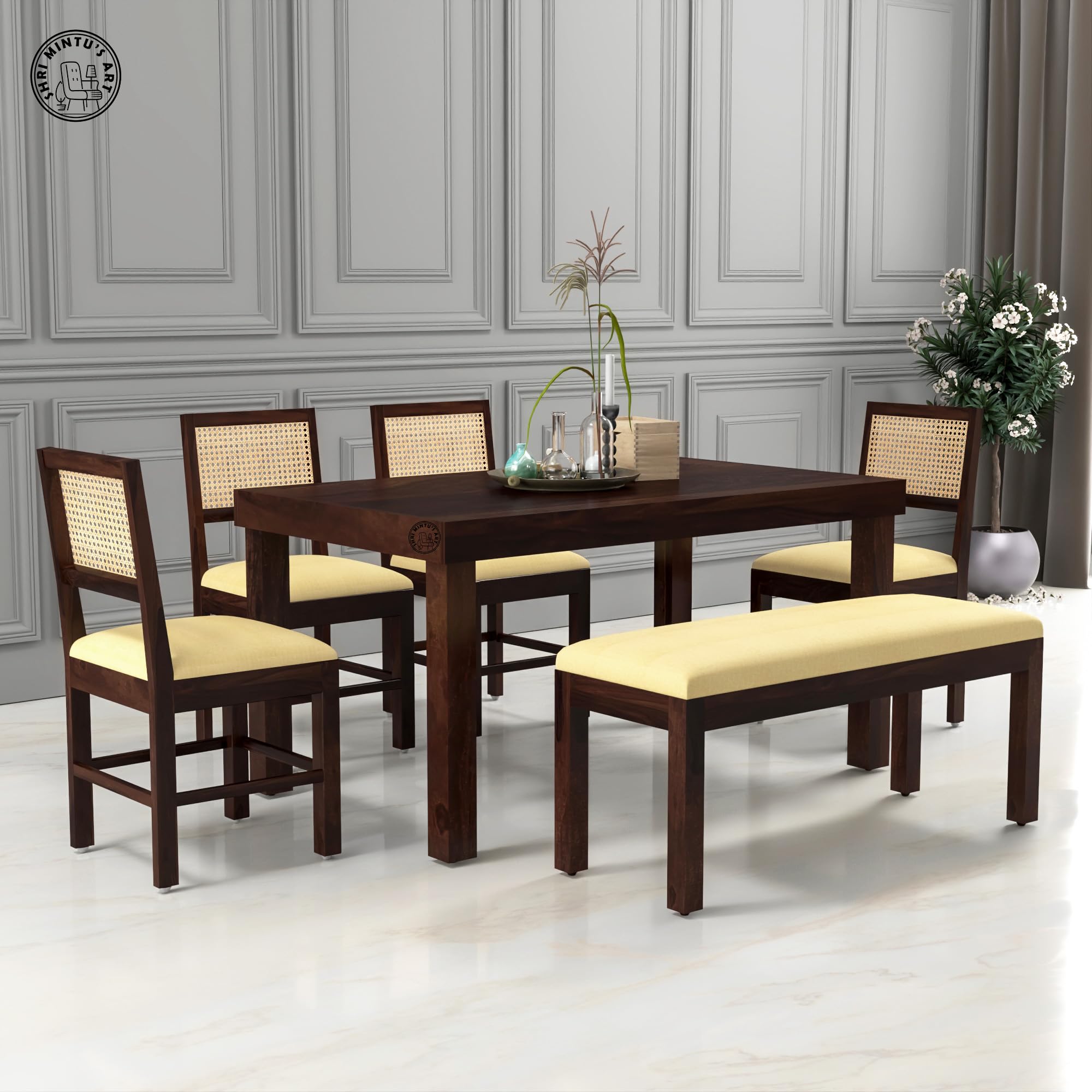 Shri MintuS Art Solid Wood Seater Dining Table Set With 4 Cushioned Chairs & Bench | Sheesham Wood Dining Set For Home | Woode
