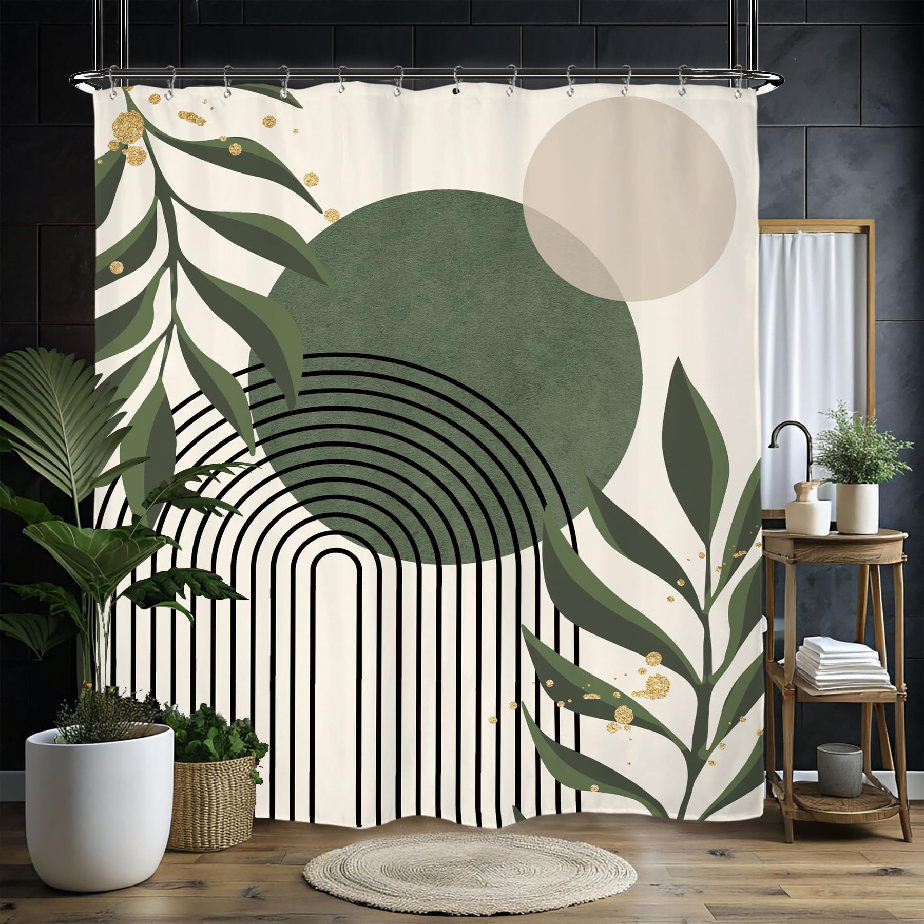 Miyotaa Green Abstract Shower Curtain Set 60Wx71H Inches Neutral Leaves Geometric Minimalist Aesthetic Plant Mid Century Modern