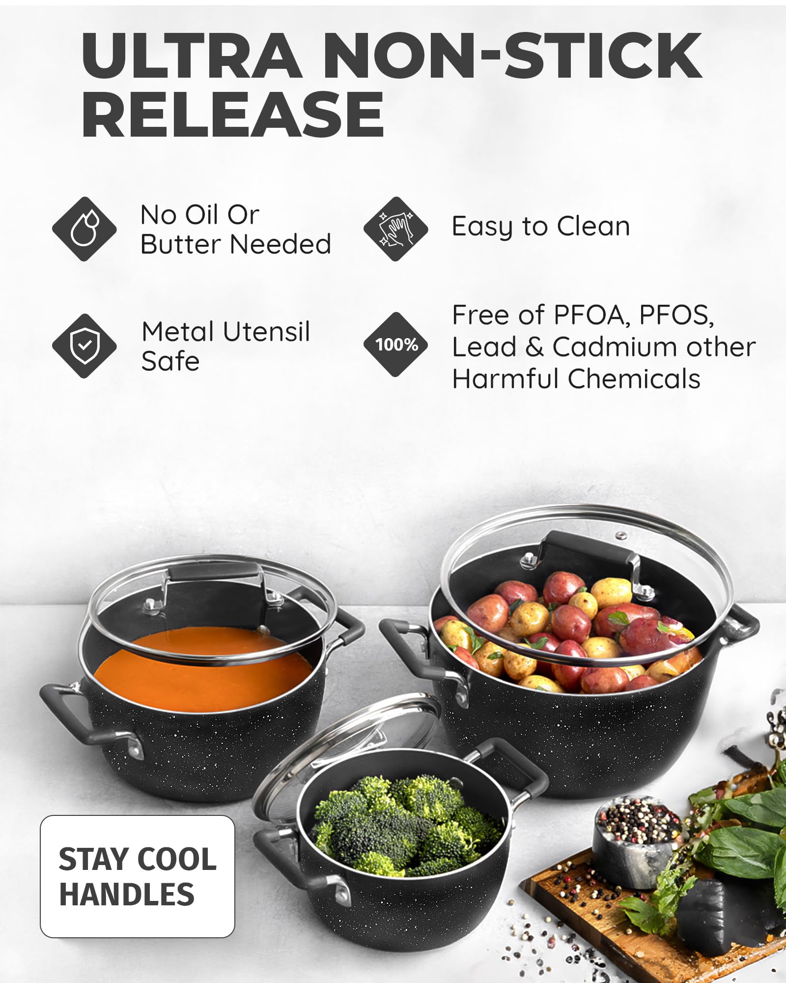 Granitestone Black Pots and Pans Set Nonstick, 6 Stackable Piece Cooking Pots Set, Kitchen Pots, Non Stick Coating, 5qt 3qt & 1.