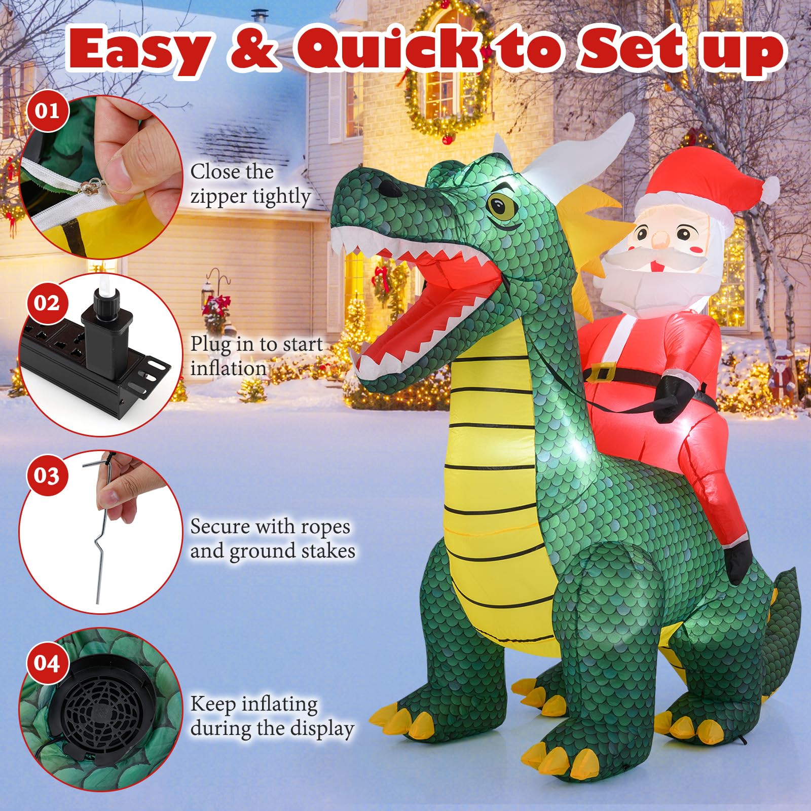 Tangkula 6 FT Christmas Inflatable Santa Claus Ride on Dinosaur, Blow up Indoor/Outdoor Santa Decoration with Built-in LED Light