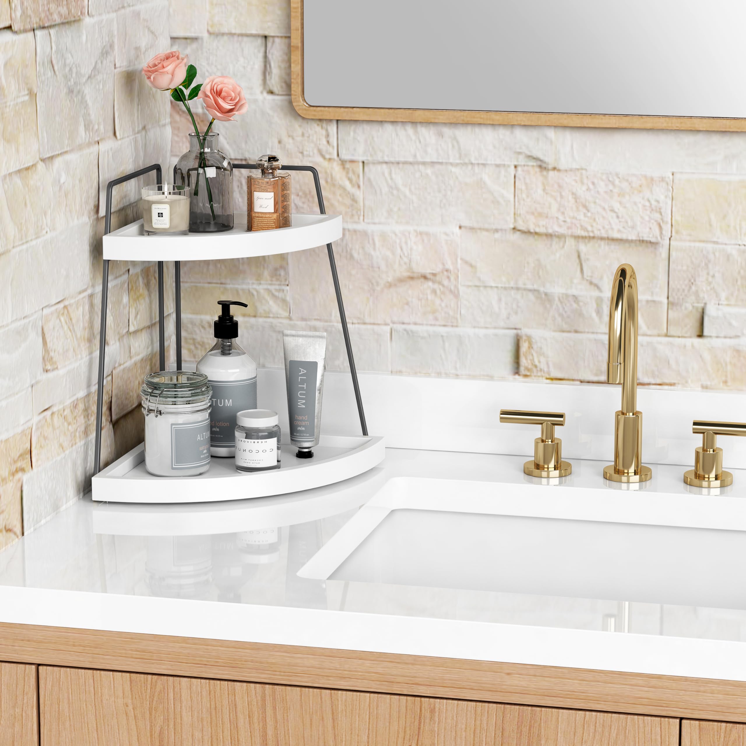Forbena 2-Tier Corner Bathroom Organizer - Wood Sink Shelf Stand, 10"x10"x13", Grey-White, Model FBBT23-102