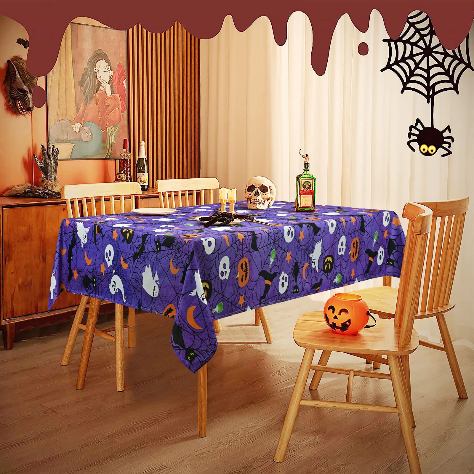 Halloween Tablecloth, Spider Web And Pumpkin Table Cloth, Bat Cobweb And Ghost Waterproof Tablecloths, Spillproof Tablecover For