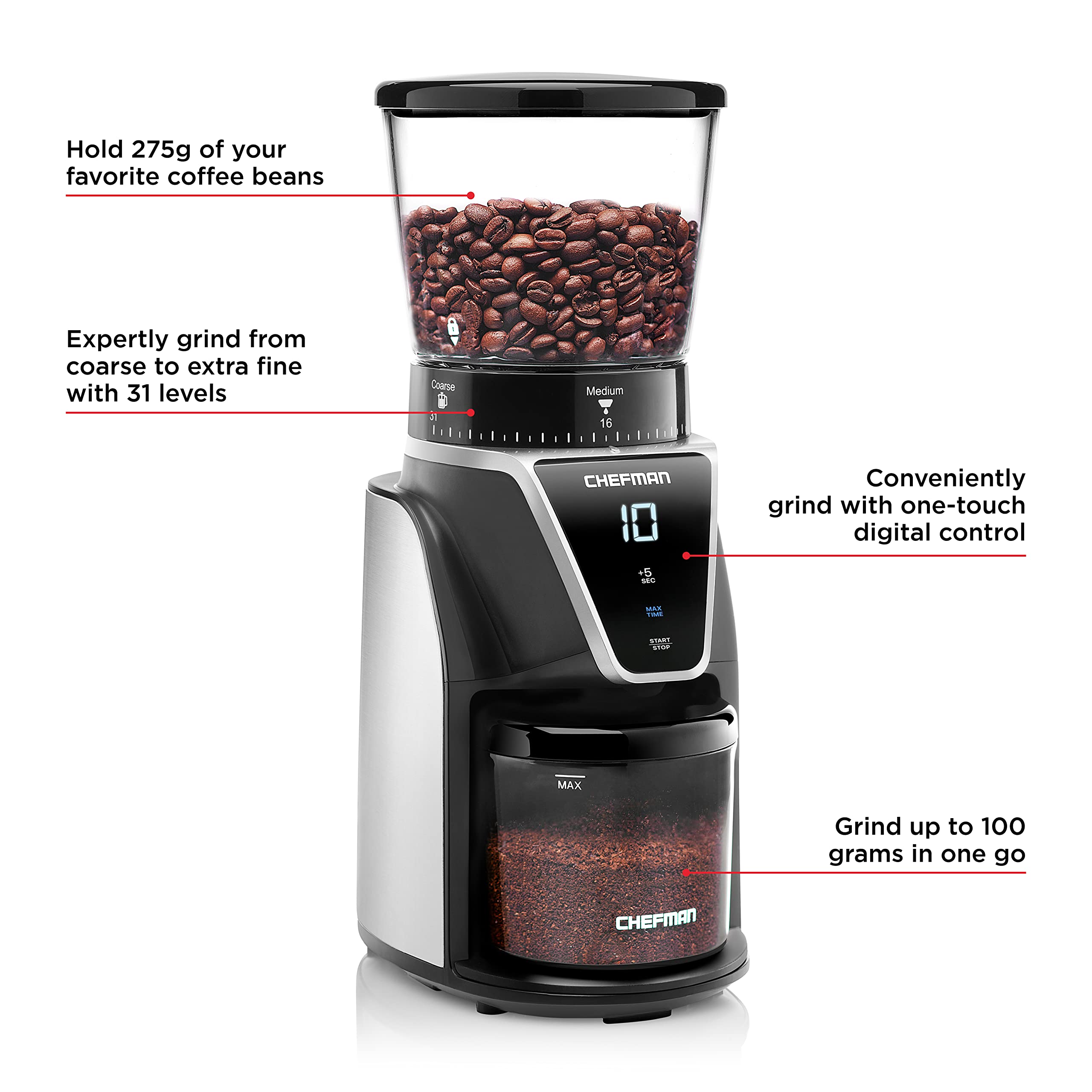 Chefman Conical Burr Coffee Grinder, Create The Boldest & Most Flavorful Grind With 31 Settings From Coarse To Extra Fine, One-T