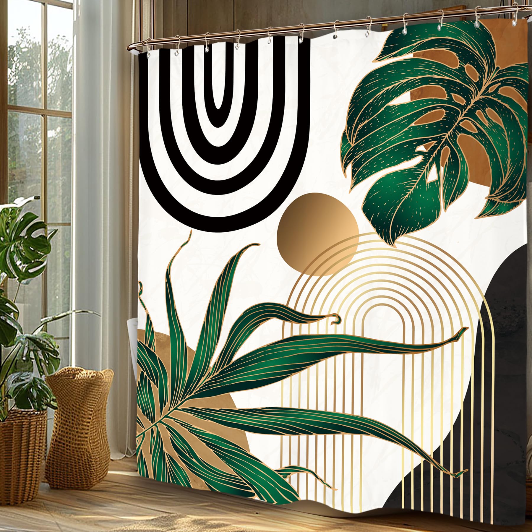Miyotaa Emerald Green Abstract Shower Curtain Set 60Wx71H Inches Mid Century Minimalist Aesthetic Modern Contemporary Plant Trop