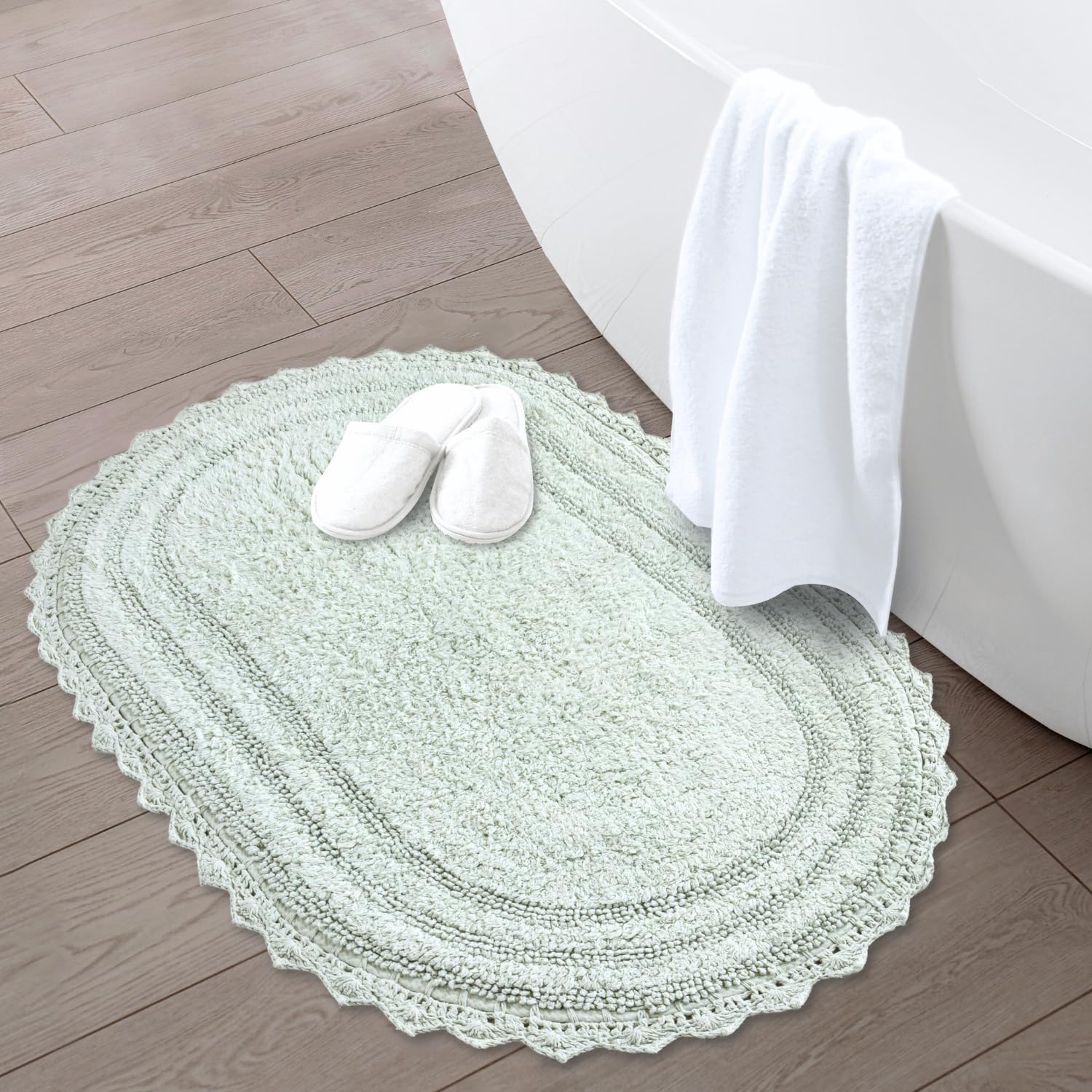 Rajrang Bath Rug For Bathroom Kitchen Spa With Crochet Cotton Absorbent Soft Reversible Bath Mat Meadow Mist Oval 34X21 Inches