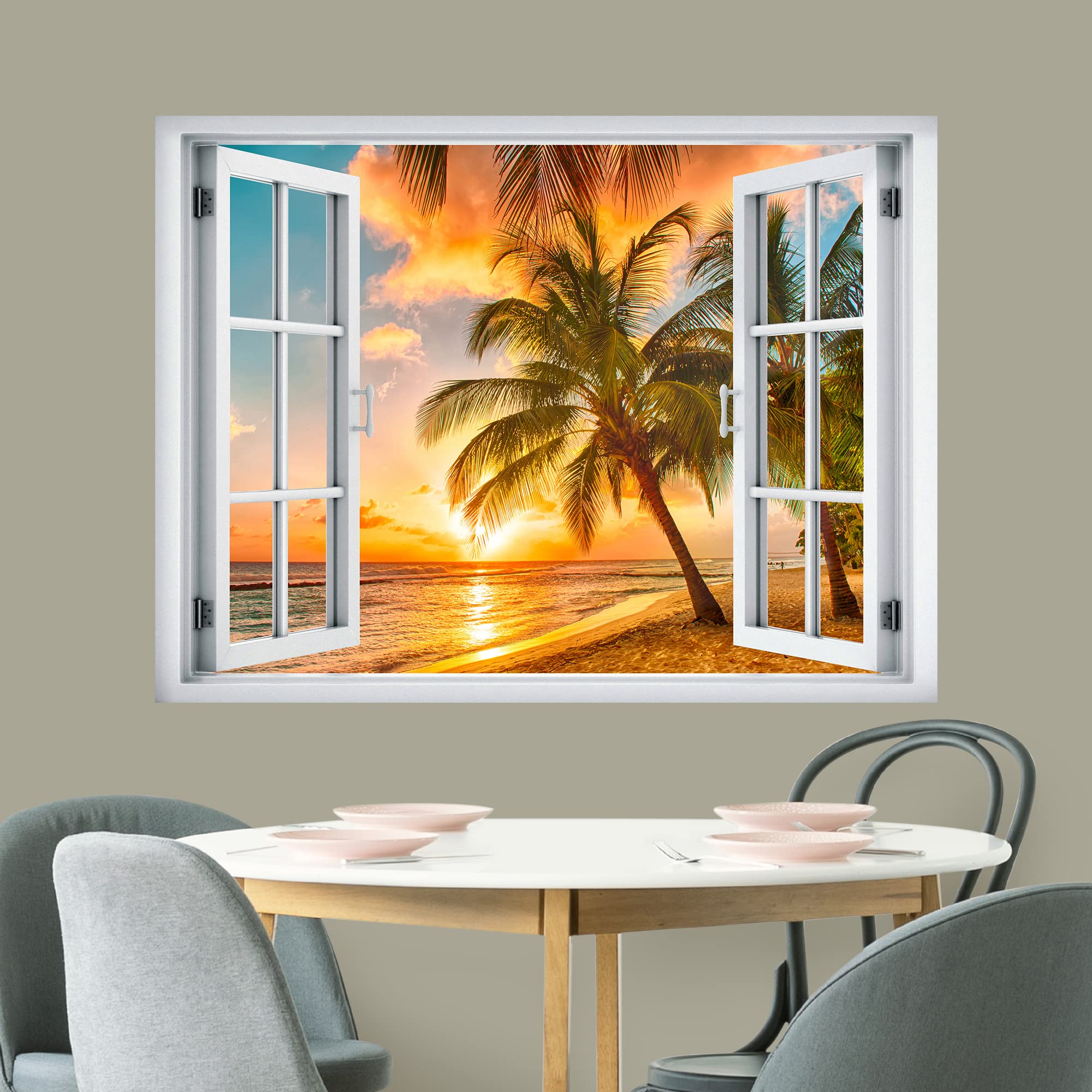wall26 Removable Wall Sticker/Wall Mural Window View Vibrant Orange Tropical Ocean Island Sunset Nature Wilderness Photography Realism Landscape Multicolor for Living Room  Bedroom  Office - 36''x48''