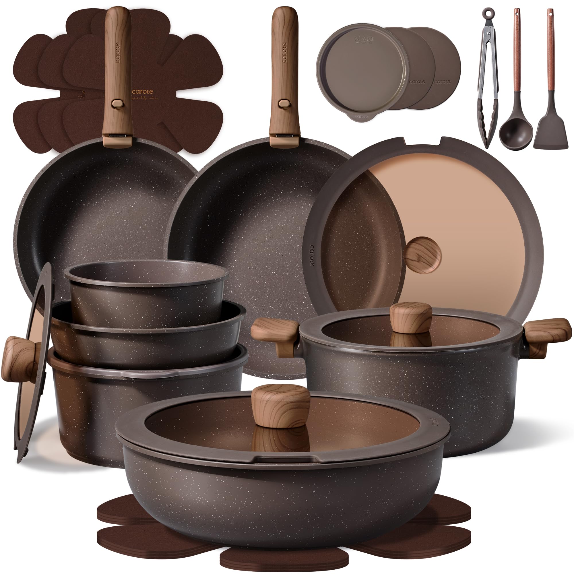 CAROTE 27pcs Pots and Pans Set Non Stick, Detachable Handle Cookware