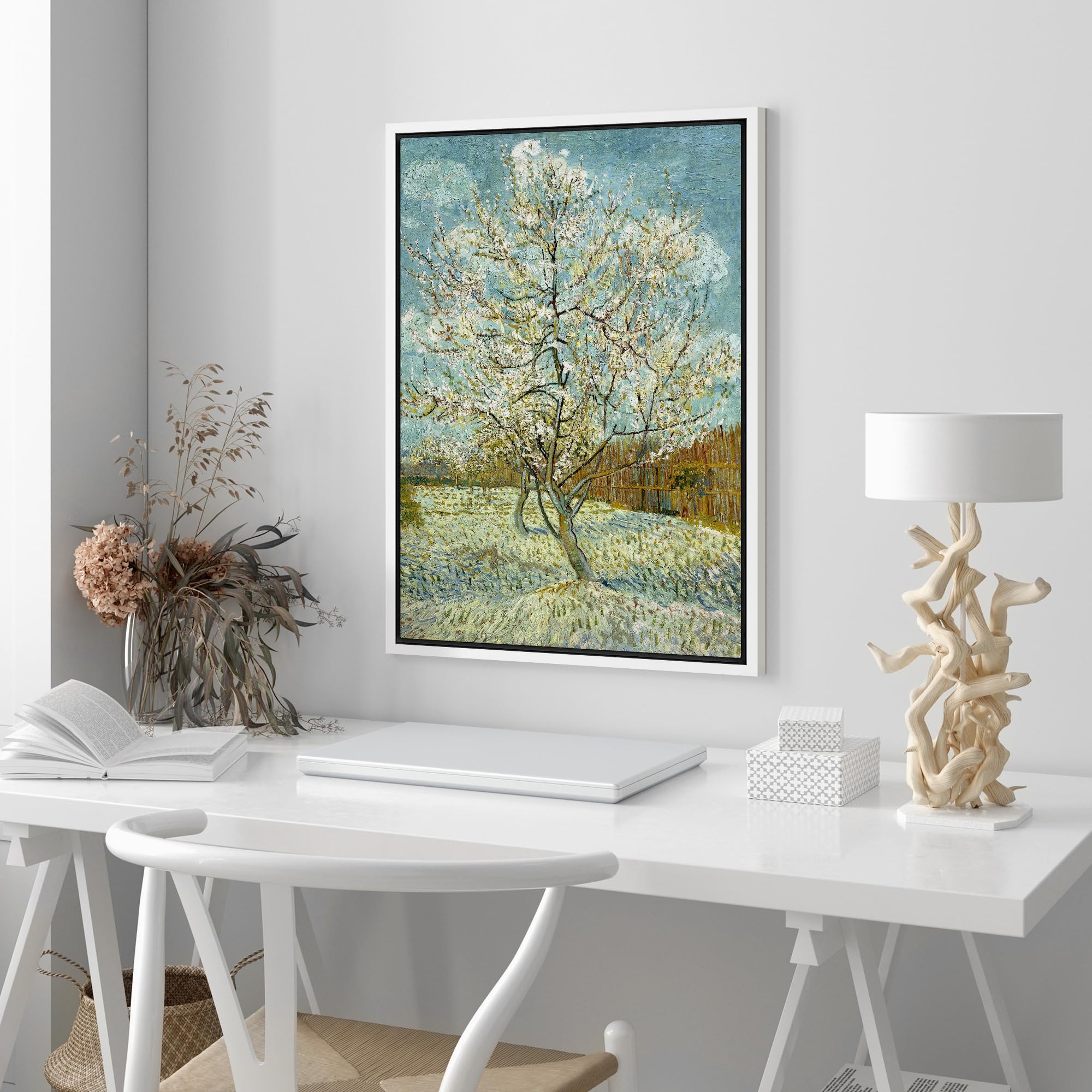 Wall26 The Pink Peach Tree By Vincent Van Gogh - Framed Canvas Print Wall Art Famous Oil Painting Reproduction - 16''X24'' White