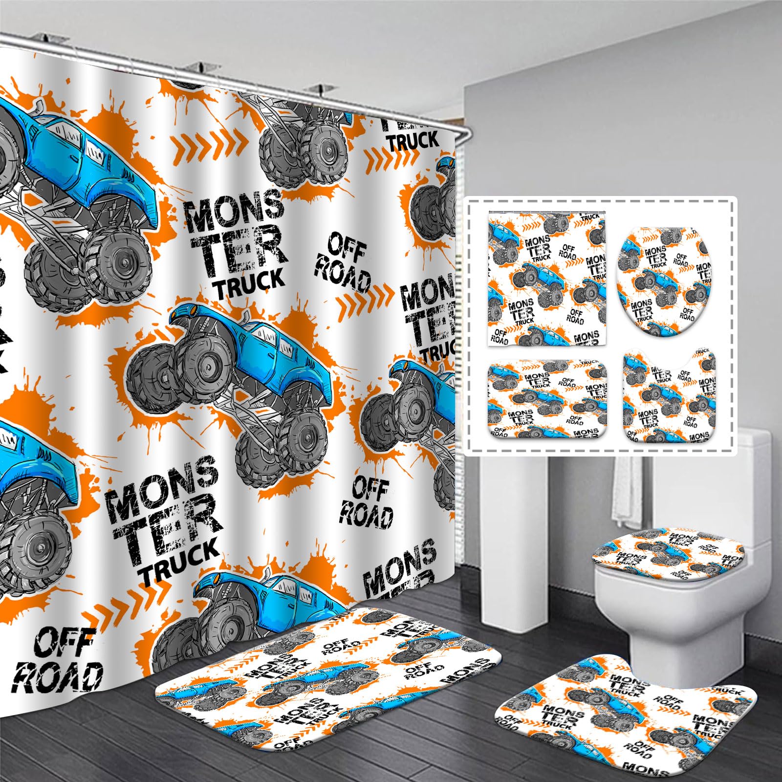 Boys Bathroom Monster Truck Shower Curtain Sets Monster Truck Shower Curtains Set 4 Piece Teen Boy Room Decor, Waterproof Cartoo