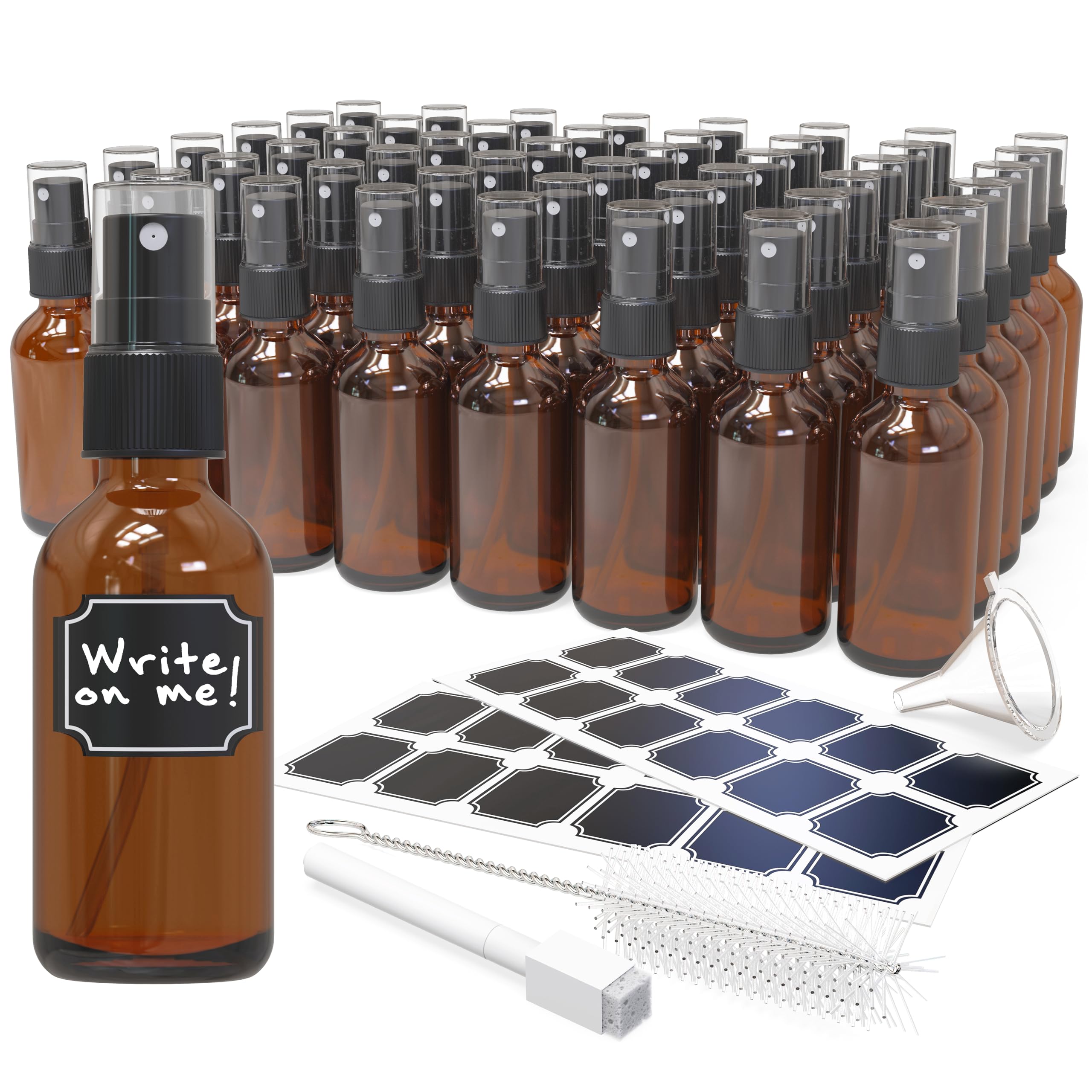 Nevlers 48 Pack Amber 2 Oz Spray Glass Bottle | The Amber Misting Glass Bottles Includes Sprayers & A Funnel And Brush With Bonu