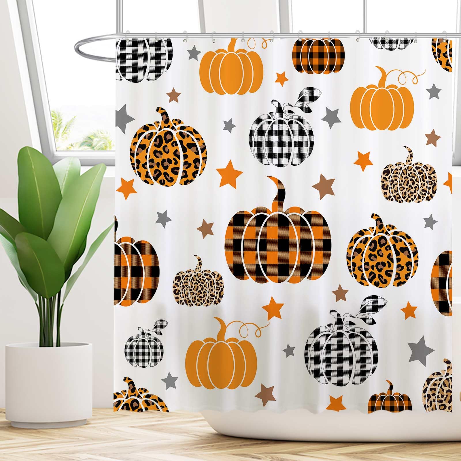 Funnytree 72''X72'' Autumn Pumpkin Fall Halloween Thanksgiving Harvest Buffalo Check Farmhouse Shower Curtain For Bathroom Decor