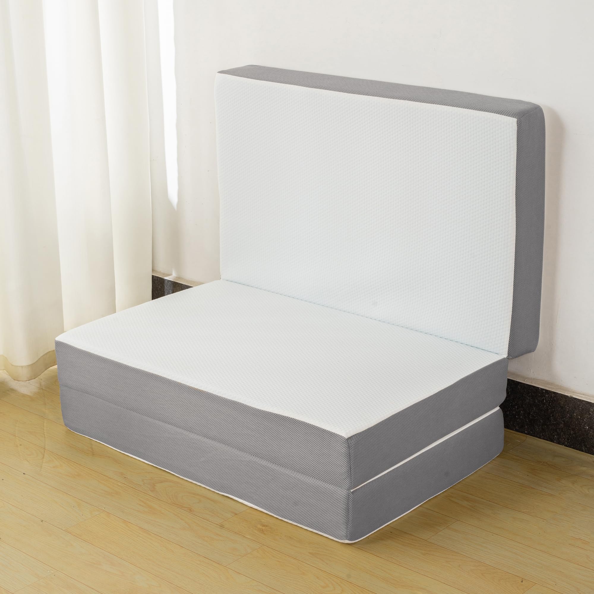 Nutan 4-Inch Tri-Folding Zippered, Gel Memory Foam Mattress, Cot Pad, Guest Bed, Portable Floor Mattress, Breathable Mesh Sides