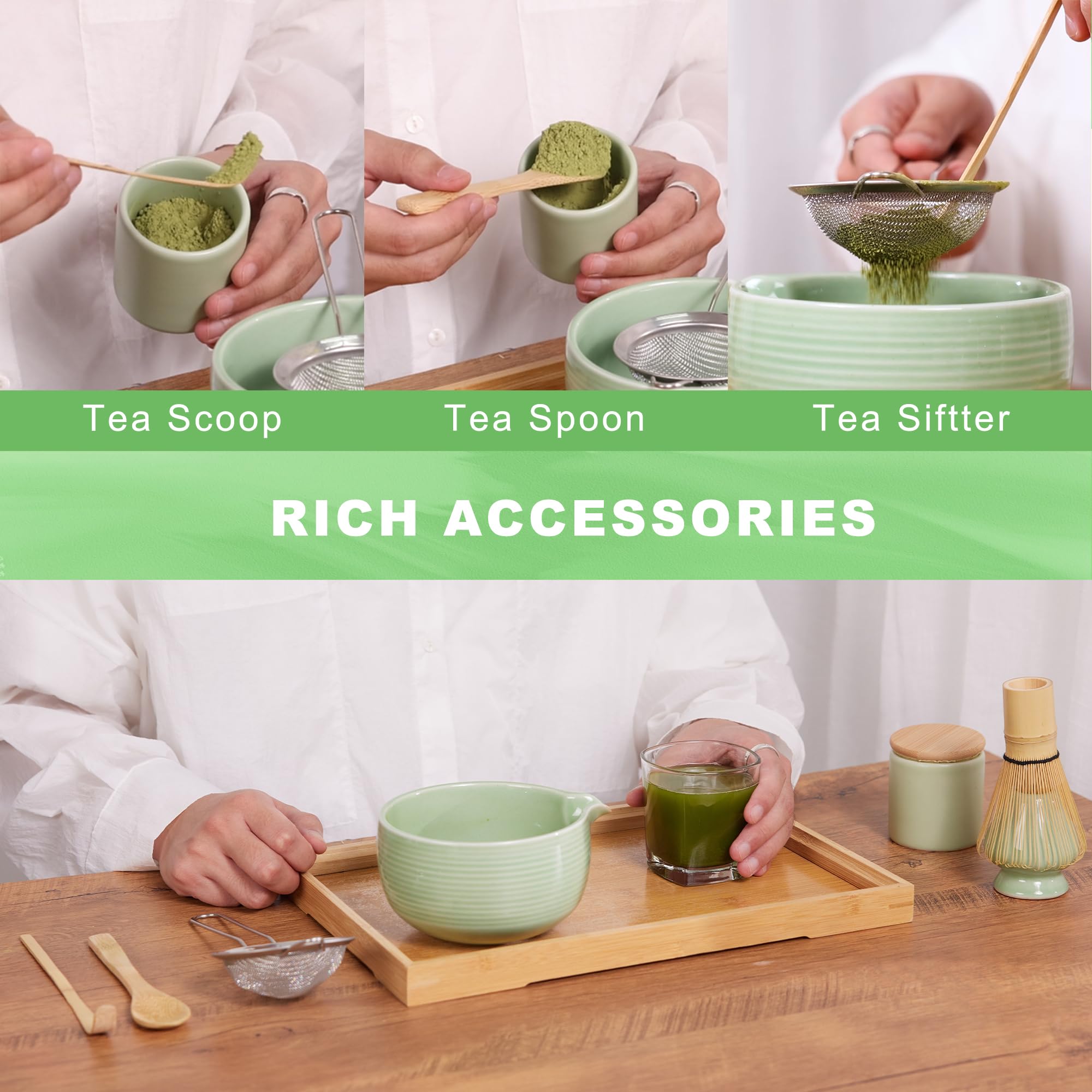 Matcha Whisk And Bowl With Ceramic Matcha Whisk Holder,Matcha Sifter, Matcha Spoon And Scoop Handmade From Natural Bamboo,Matcha