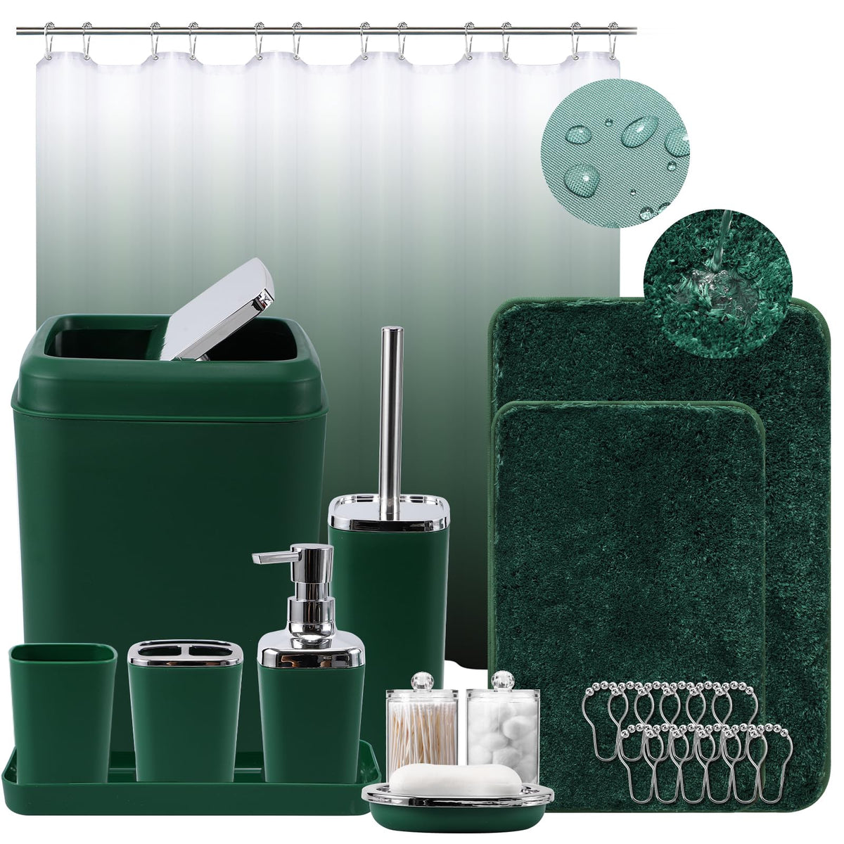 Xlhomo Dark Green Bathroom Accessories Set With Shower Curtain And No-Slip Bath Rugs,24Pc Bath Sets With Trash Can, Toothbrush H