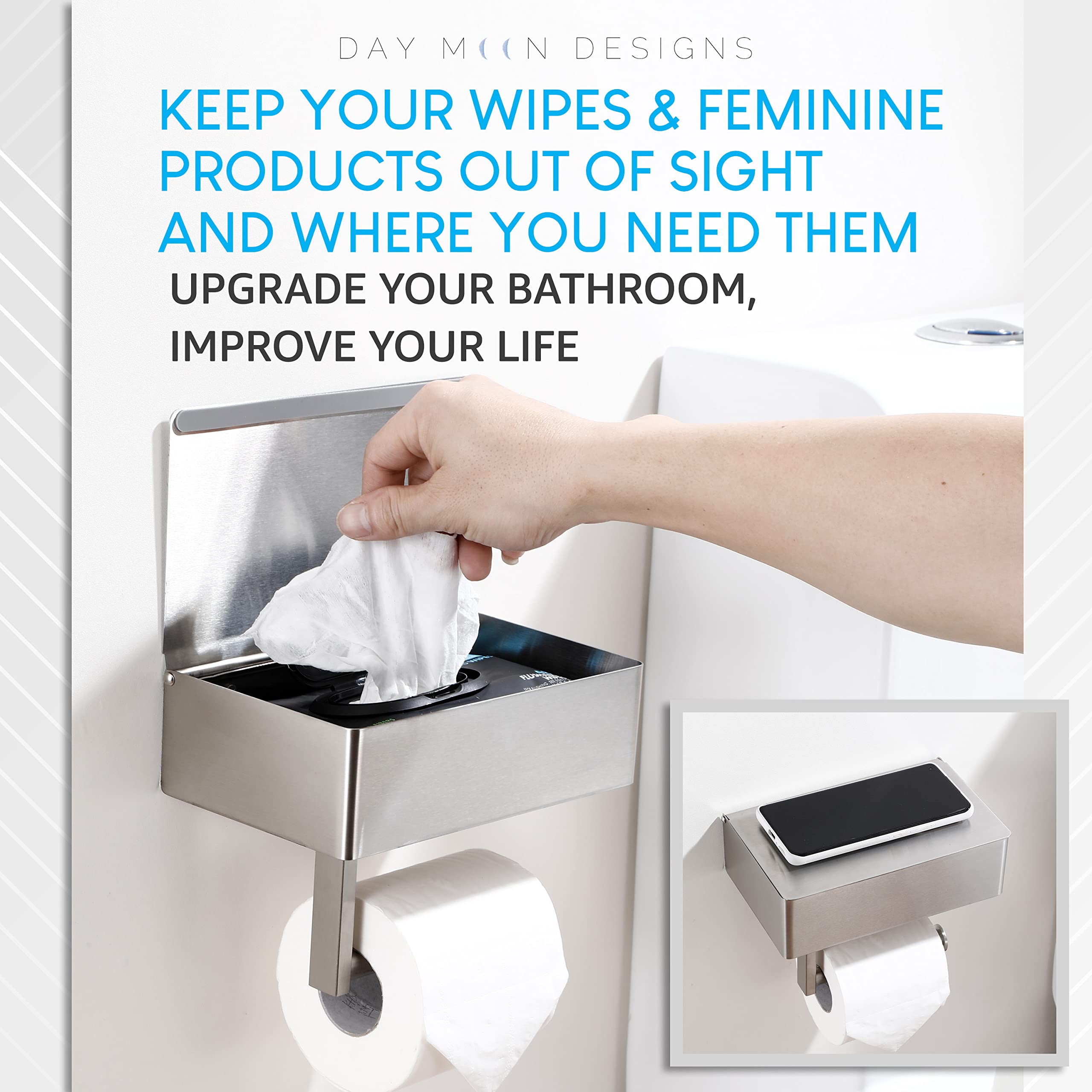 Day Moon Designs Toilet Paper Holder with Shelf  Flushable Wipes Dispenser & Storage Fits Any Bathroom  Keep Your Wet Wipes Hidden  Stainless Steel Wall Mount Bathroom Organizer  Brushed Nickel  Large