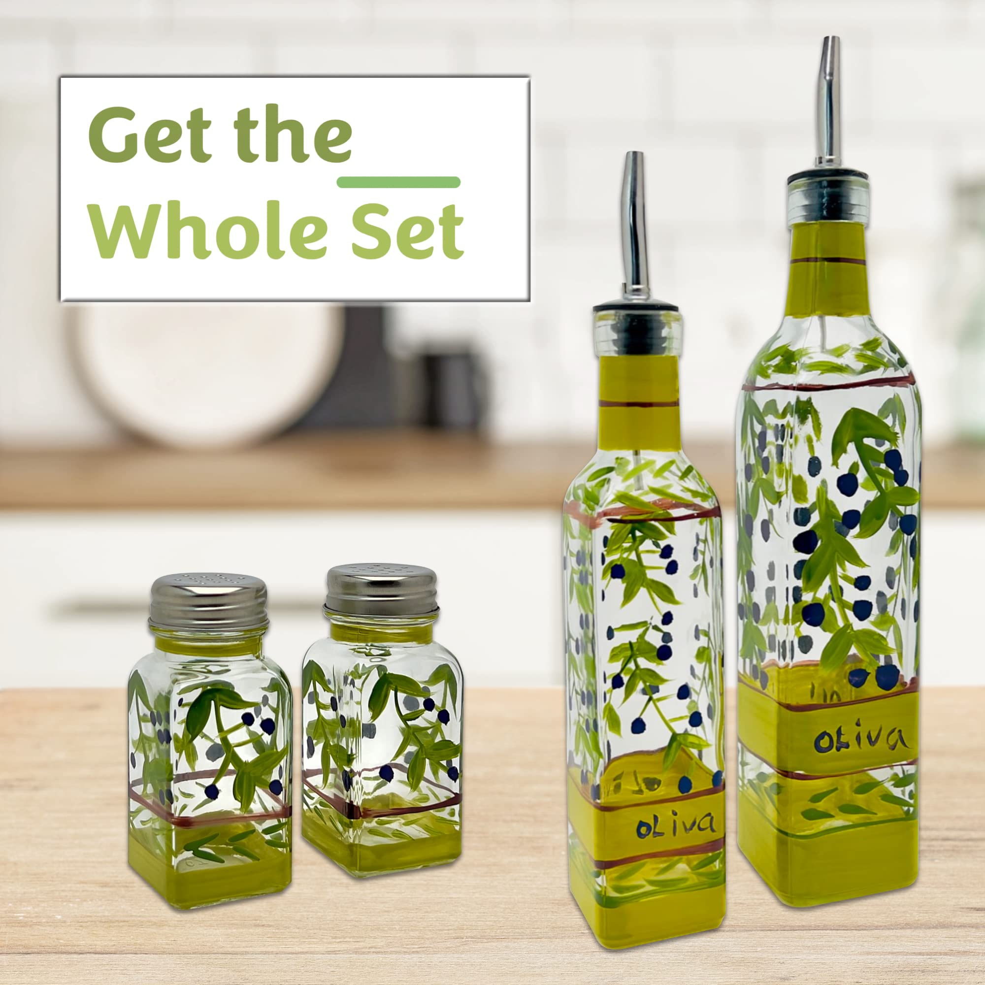 Containly Hand Painted Glass Oliva Branch Oil/Vinegar Glass Cruet For Kitchen, 8 Oz Olive Oil Dispenser With Stainless Steel Spo