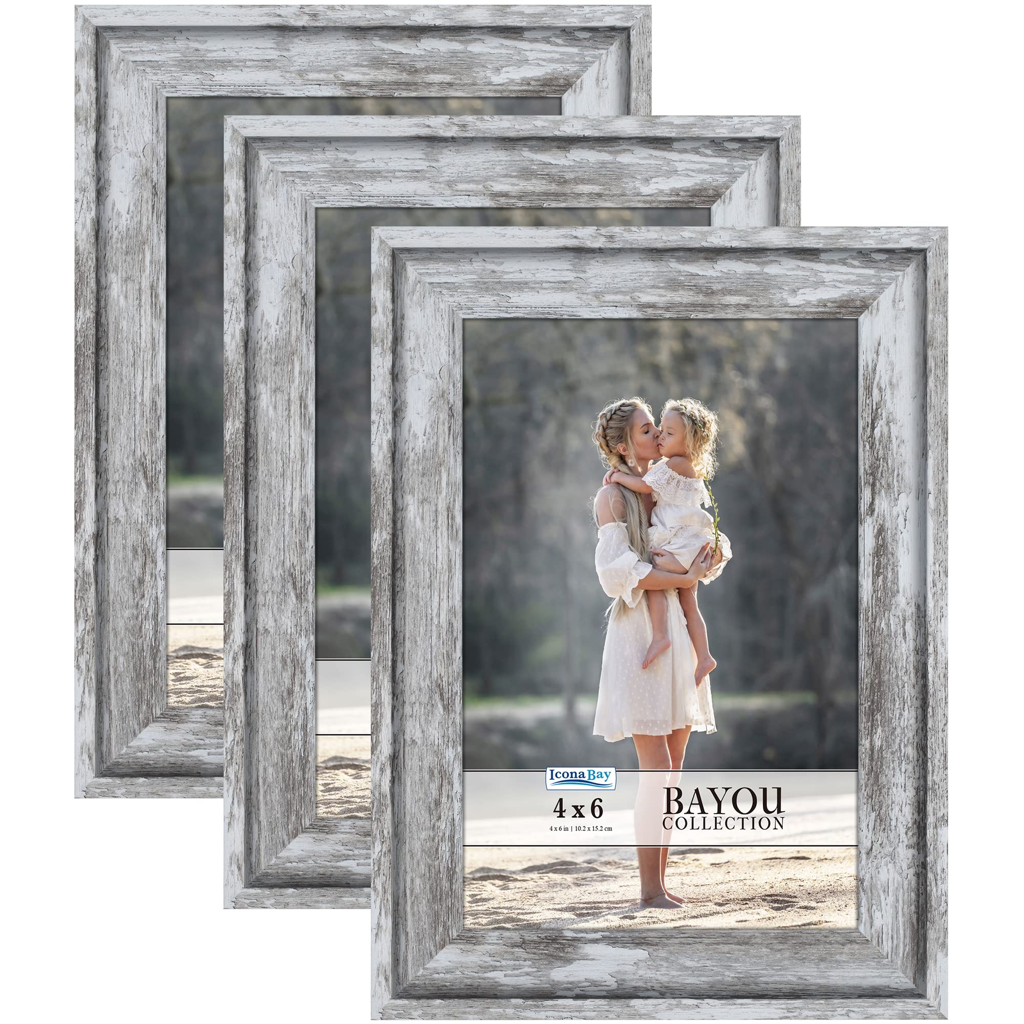 Icona Bay 4x6 Picture Frames (Azure Gray, 3 Pack) Cape Cod Style 4 x 6 Photo Frames, Table Top or Wall Mount, Bayou Collection