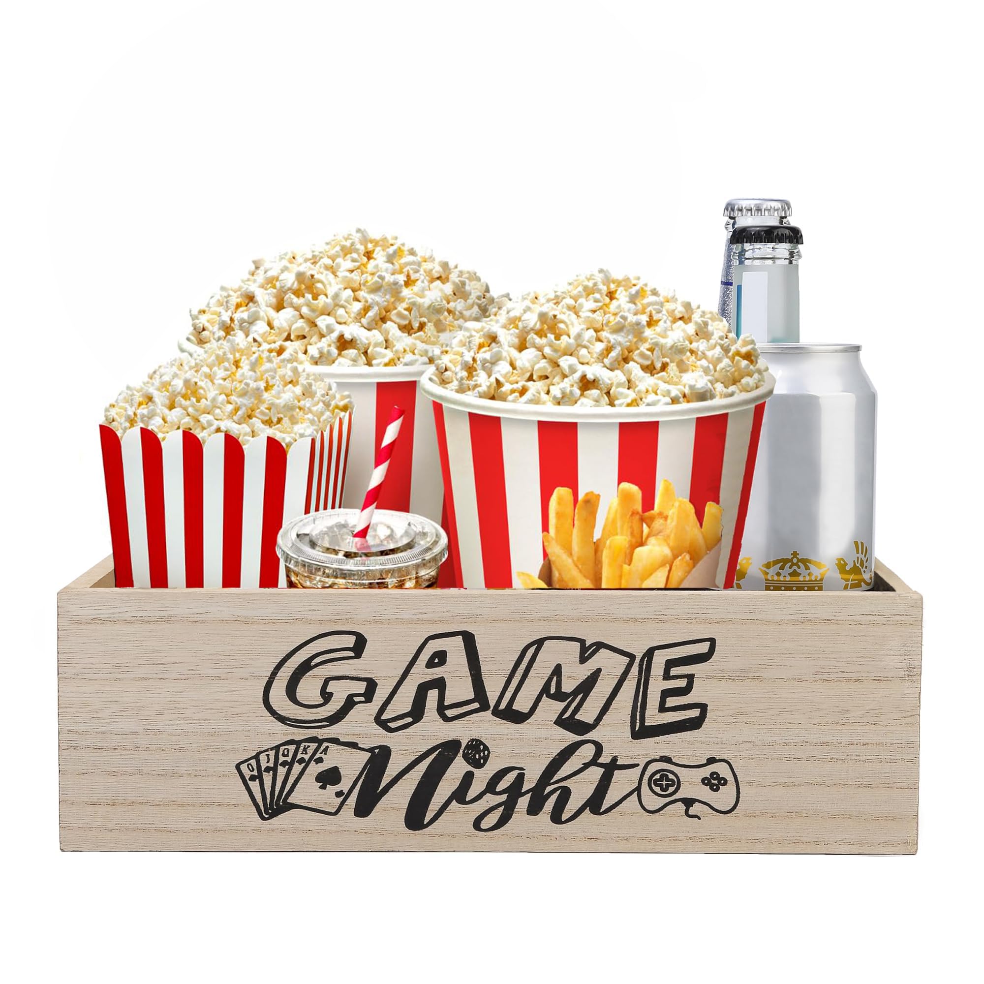 ZQUDBF Wooden Game Night Snack Tray with Handles - Reusable Popcorn Bucket Organizer for Theater Room Decor - Sturdy Gift Basket