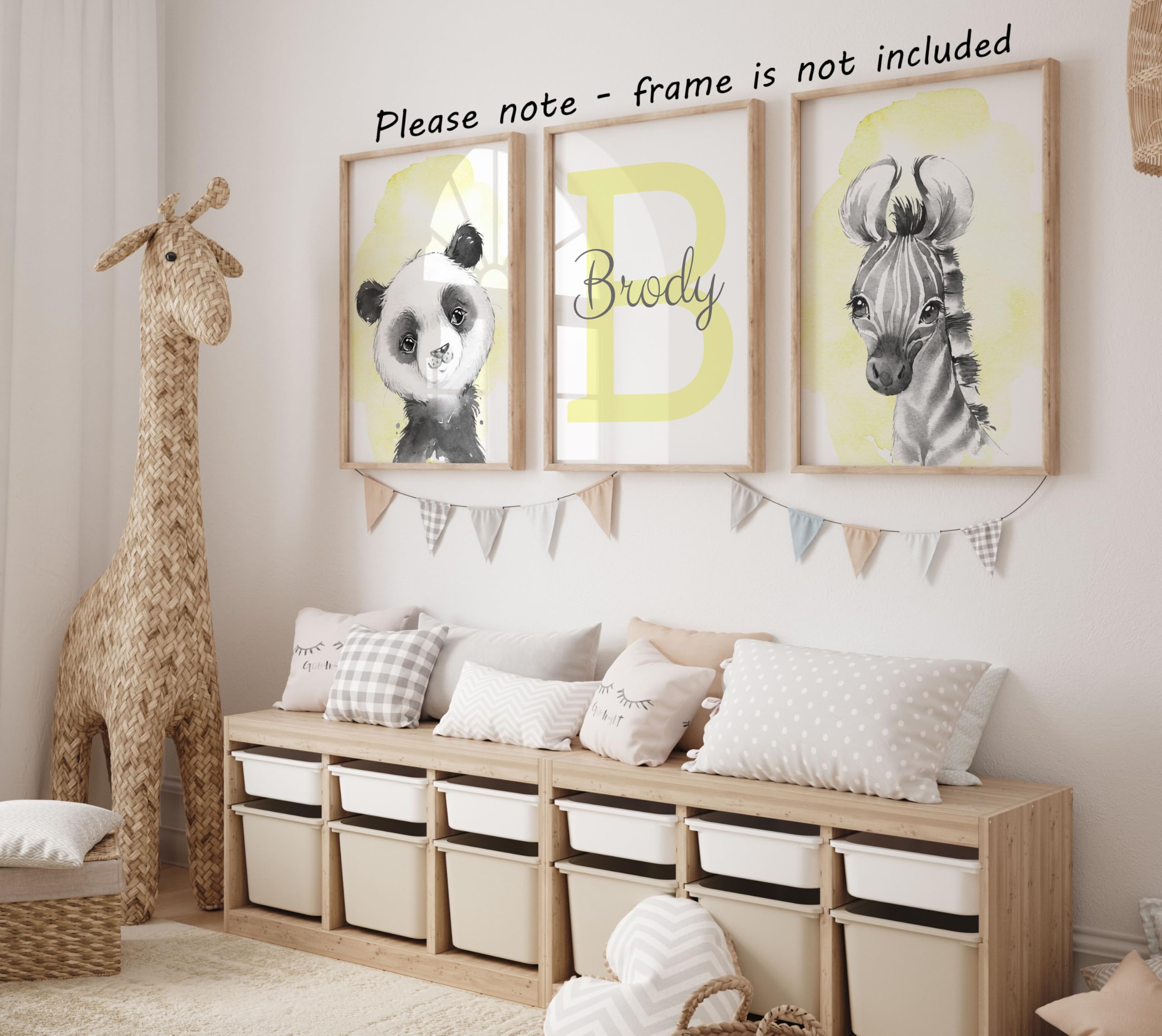 Personalized Safari Animals for Baby Boy Girl Nursery Bedroom  Unframed Set of 3 Poster Prints  Personalized Name Gray Blue Green Yellow Watercolour Splash Wall Art Decor  Gift Present  Elephant Giraffe Lion (12x16)