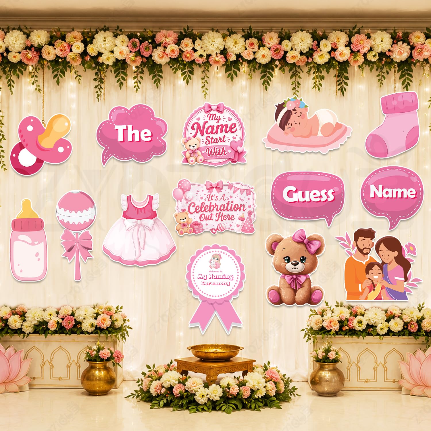 Zyozique Baby Naming Ceremony Decorations Kit, Pink Theme, Photo Booth Props Set,Naming Ceremony Photo Booth Set, Decorations fo