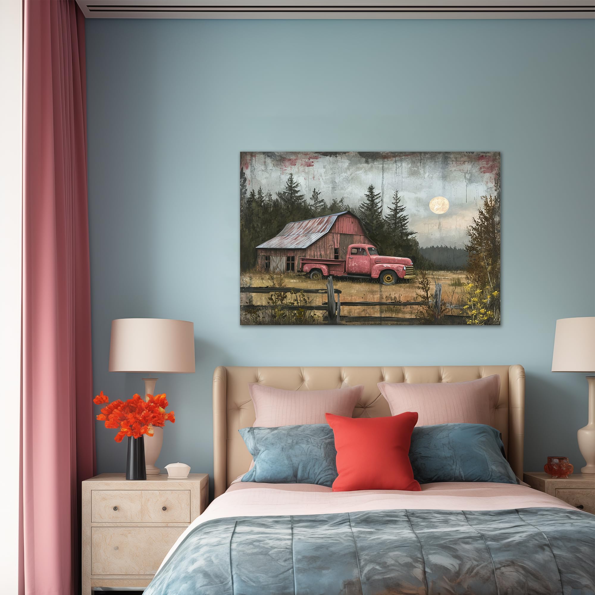 Farmhouse Truck Wall Ar, Old Truck Canvas Prints, Barn Picture Wall Art For Rustic Home Decor, Rustic Landscape Canvas Painting,