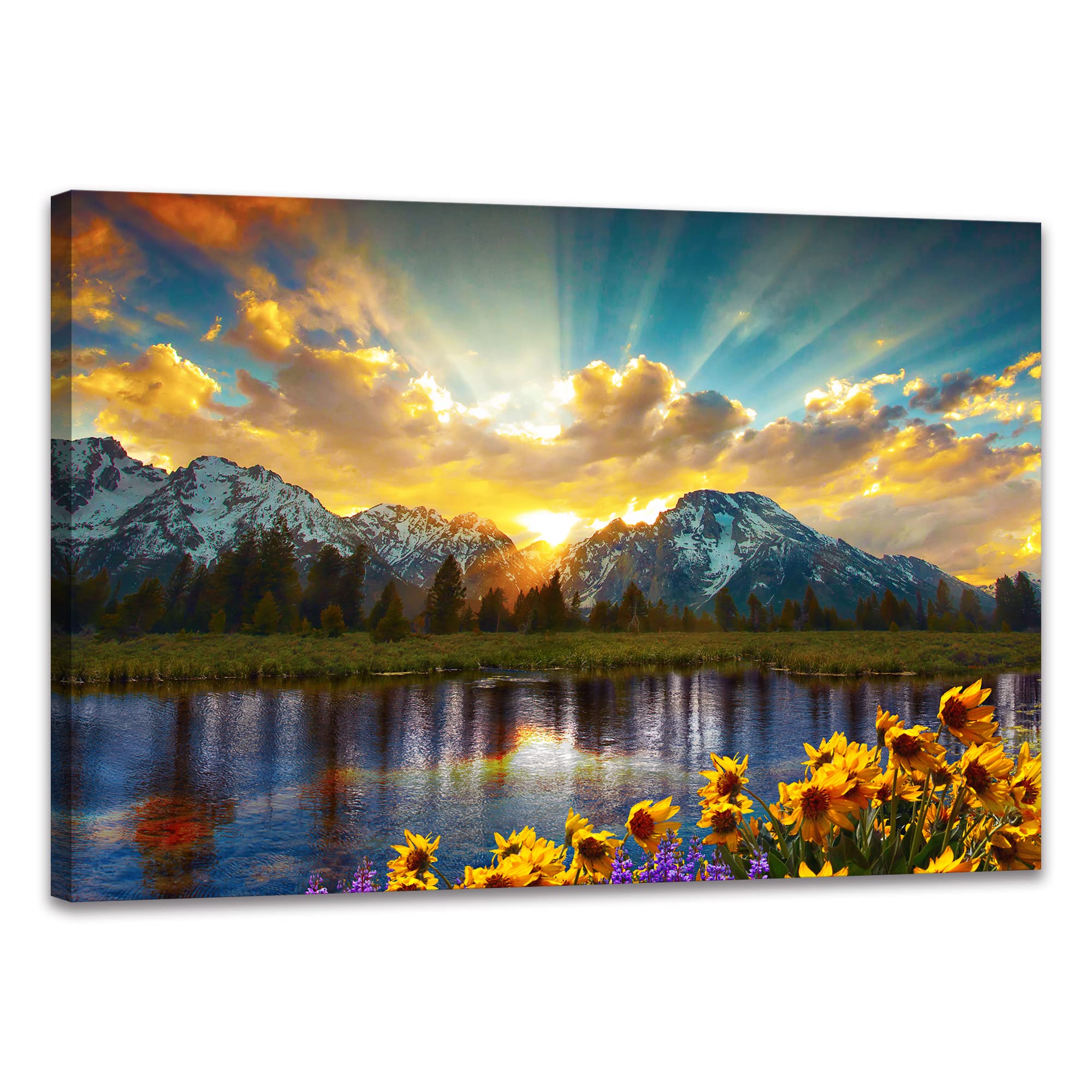 Skasnfai Grand Teton National Park Wall Art Sunflower Landscape Canvas Mountain Artwork Landscape Print For Living Room Framed (