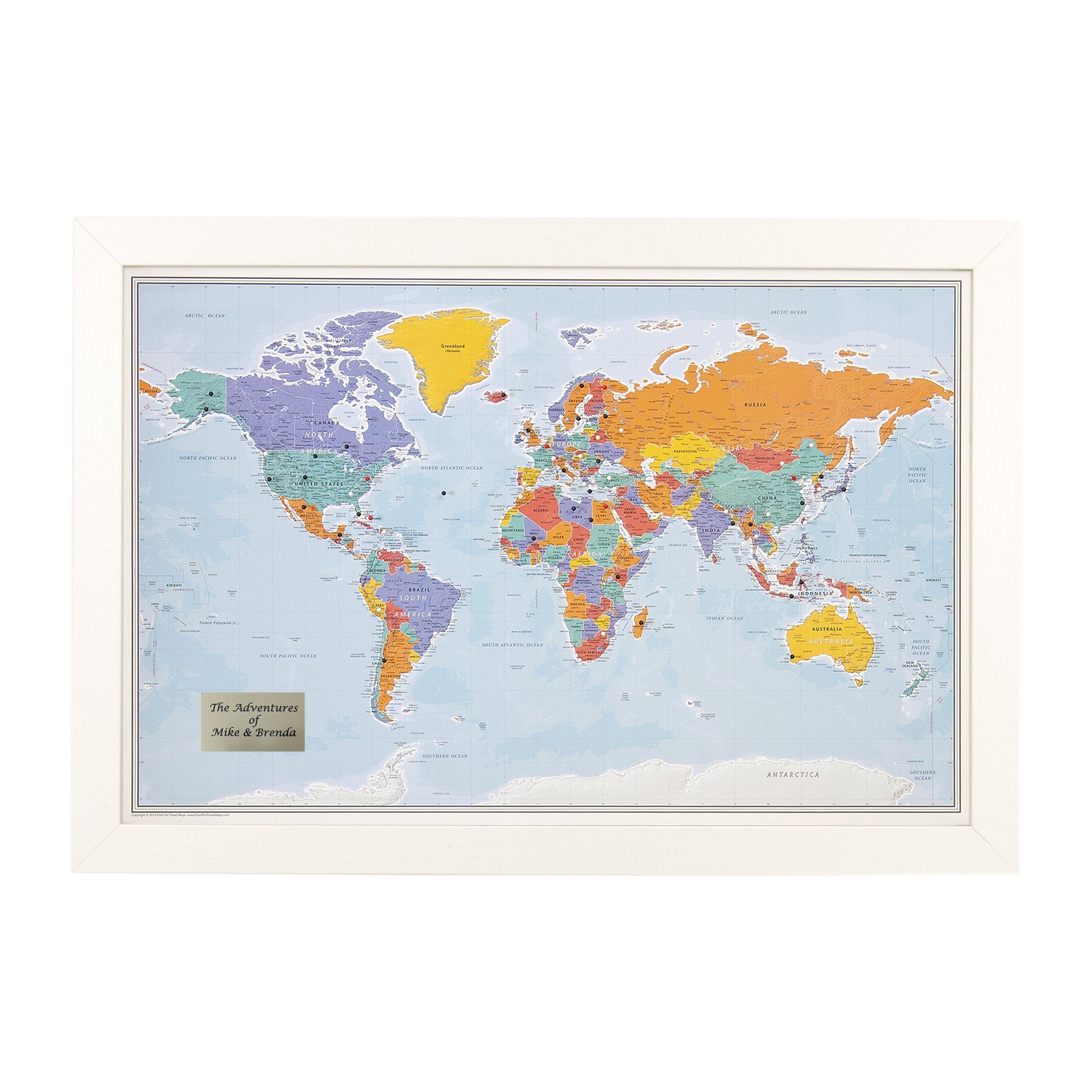 Push Pin Travel Maps - Customizable Blue Oceans World Push Pin Travel Map With Textured White Frame- 27.5'' X 39.5'' - 8 Handcra