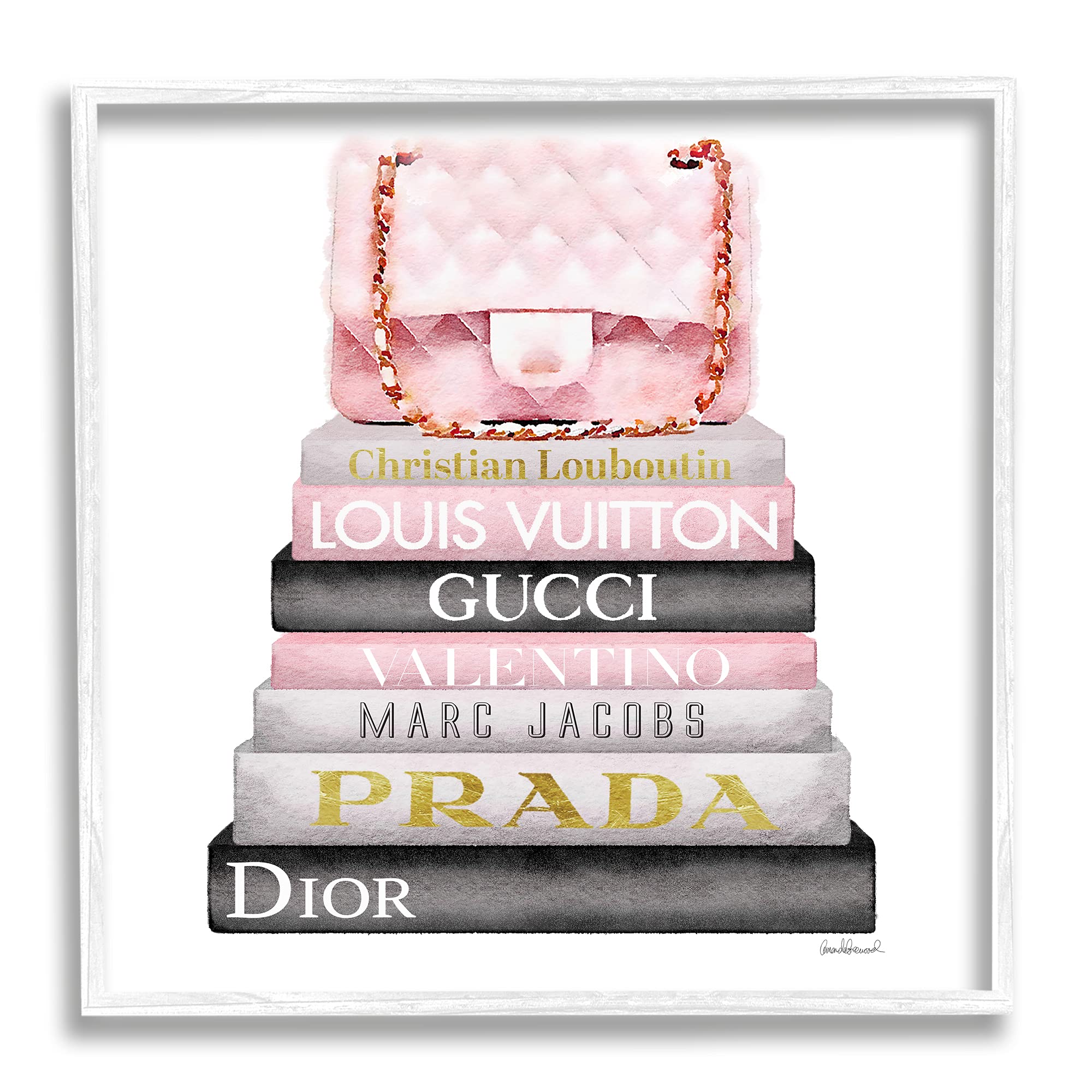 Stupell Industries Watercolor High Fashion Bookstack Padded Pink Bag Framed Giclee Art Design by Amanda Greenwood, 17 x 17, Whit