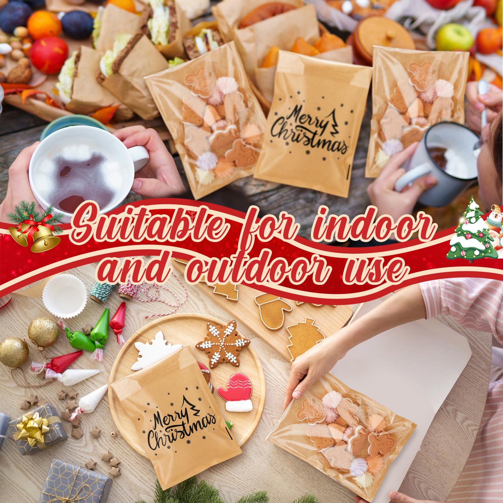 MotiMind 100 Pcs Clear Merry Christmas Cookie Bags Front Paper Self Adhesive Gift Bags Xmas Kraft Paper Treat Candy Container fo