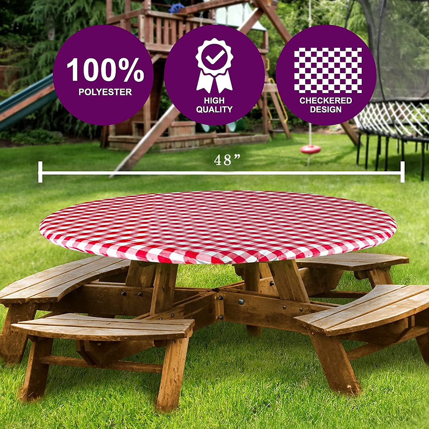 Sorfey Tablecloth -Fitted With Elastic, Vinyl With Flannel Back, Fits For Table 48 Inches Round,Water Proof, Easy To Clean, Chec