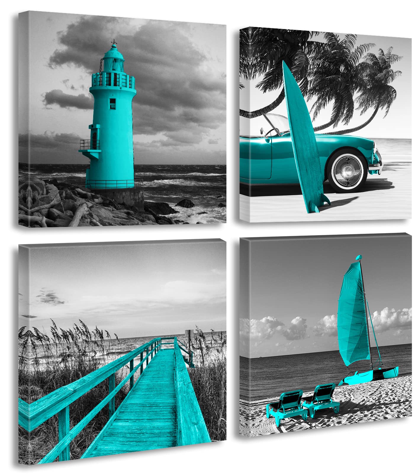 Beach Wall Art Teal Wall Decor Bathroom Decor Sets Accessories Black And White Ocean Lighthouse Painting Palm Tree Surfboard Car