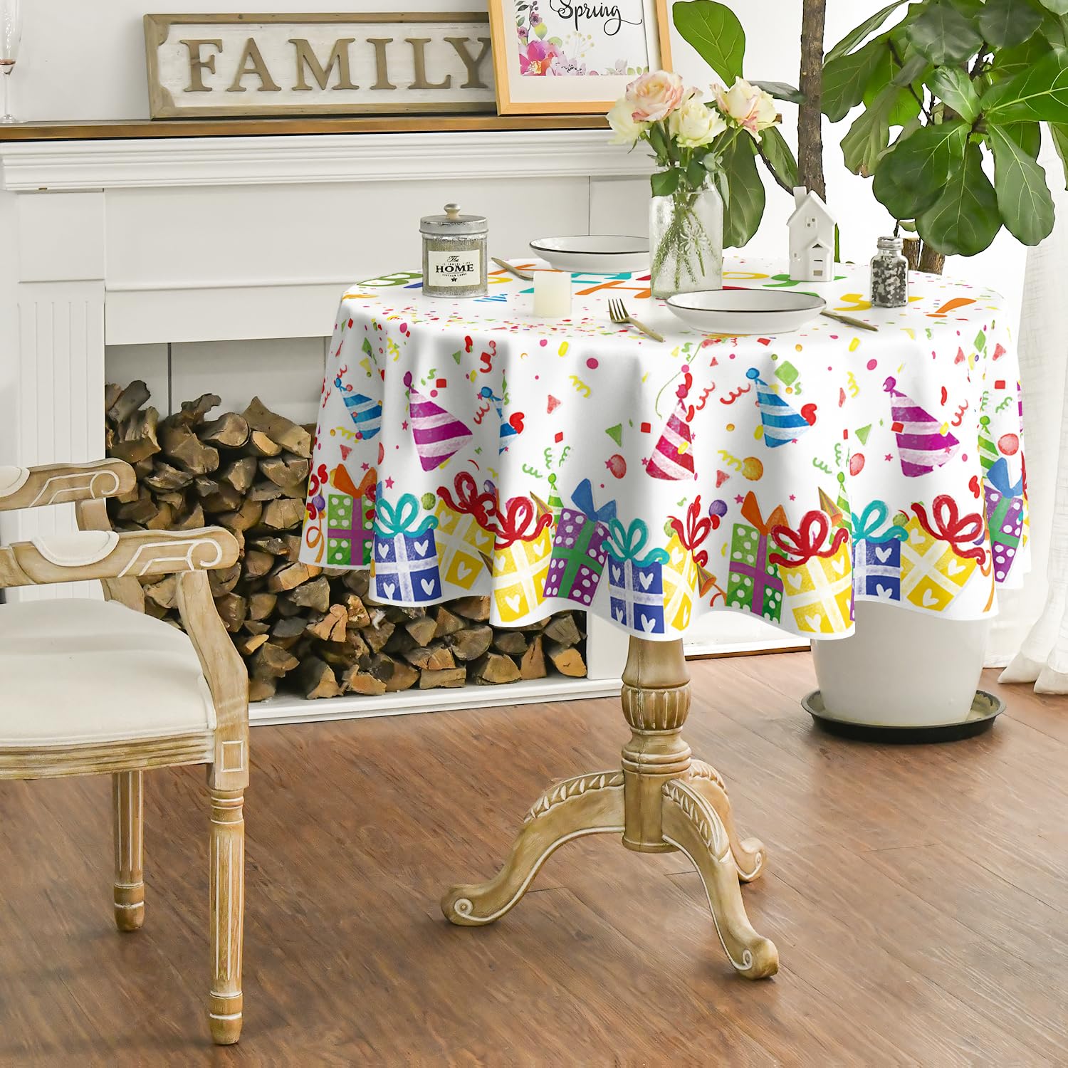 Horaldaily Birthday Round Tablecloth 70  70 Inch Round, Happy Birthday Balloon Washable Table Cover For Party Picnic Dinner Deco