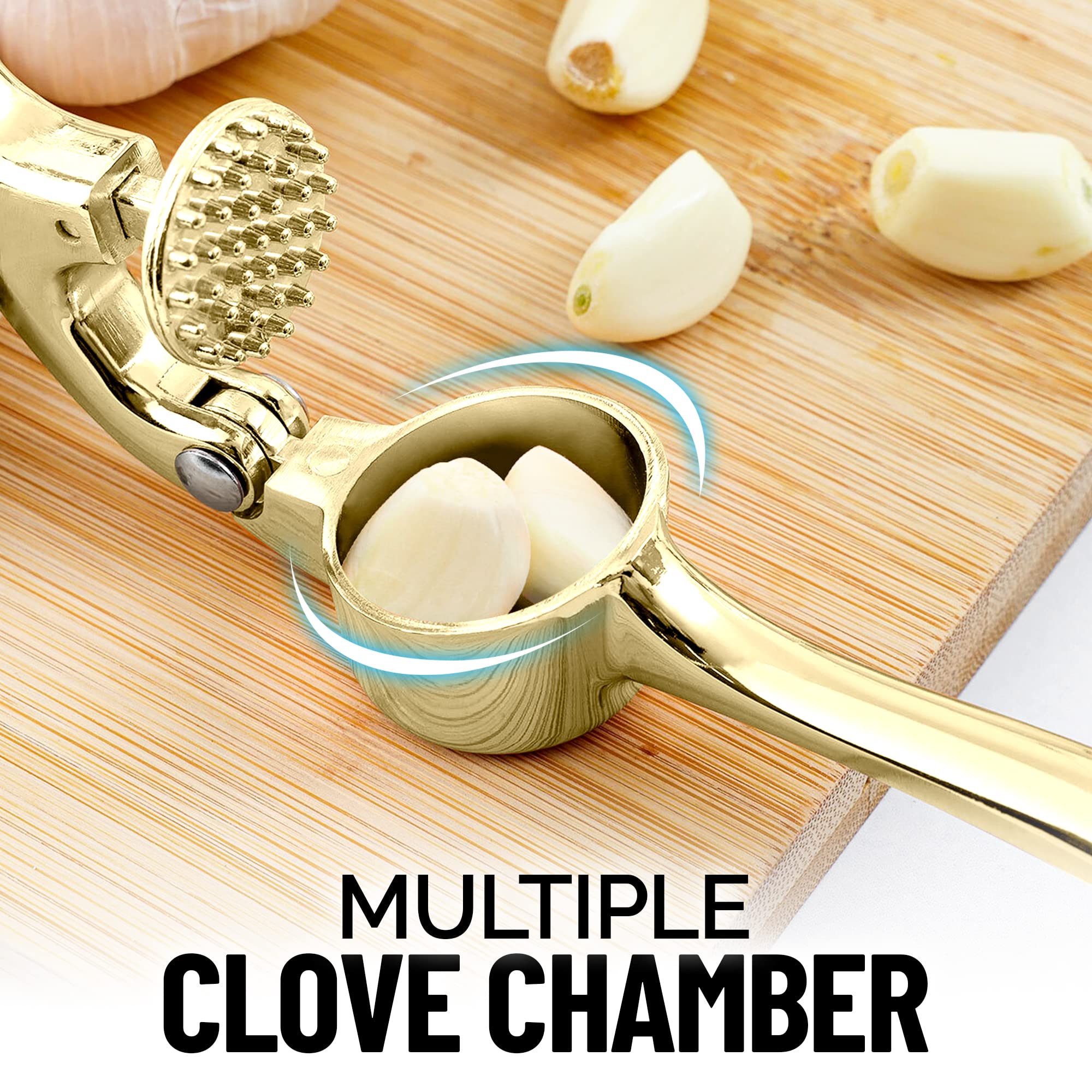 Zulay Kitchen Premium Garlic Press With Soft, Easy To Squeeze Handle - Includes Silicone Garlic Peeler & Cleaning Brush - 3 Piec