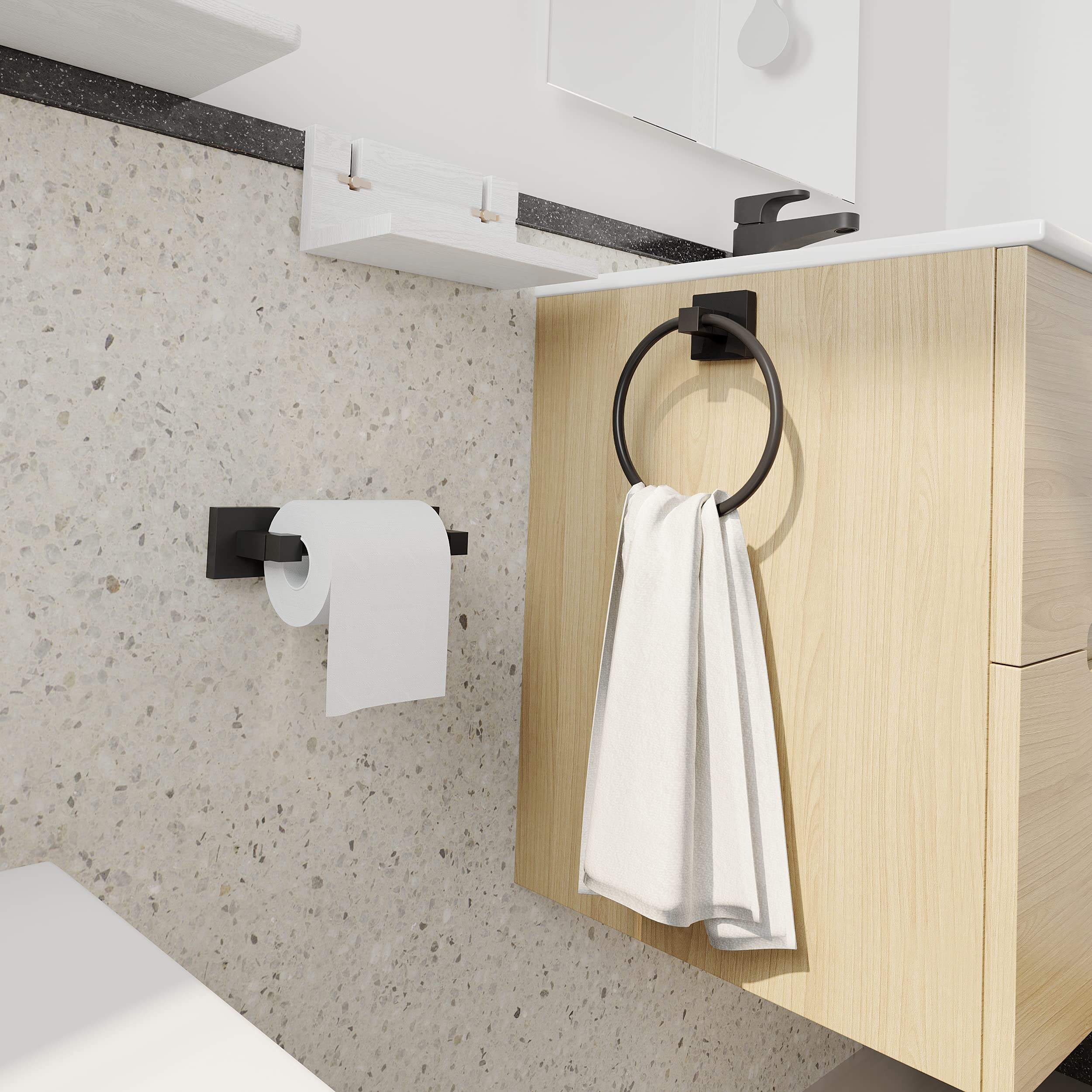 Ruacq Matte Black Toilet Paper Holder Towel Ring Bathroom Accessories Hardware Set Double Post Pivoting Toilet Roll Holder Squar