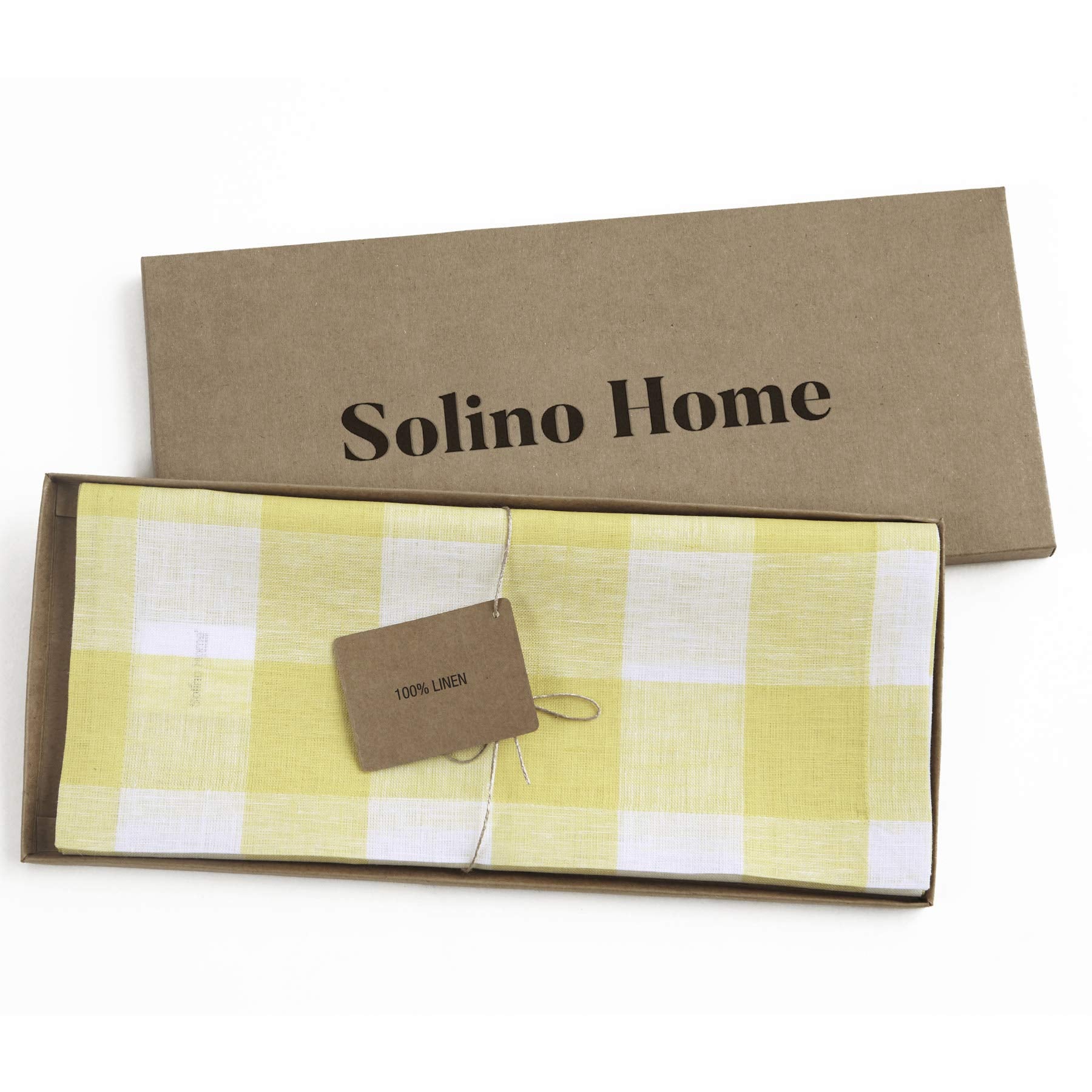 Solino Home Buffalo Check Linen Table Runner 60 Inch - 100% Pure Linen Yellow And White Plaid Table Runner 14 X 60 Inch Ideal Fo