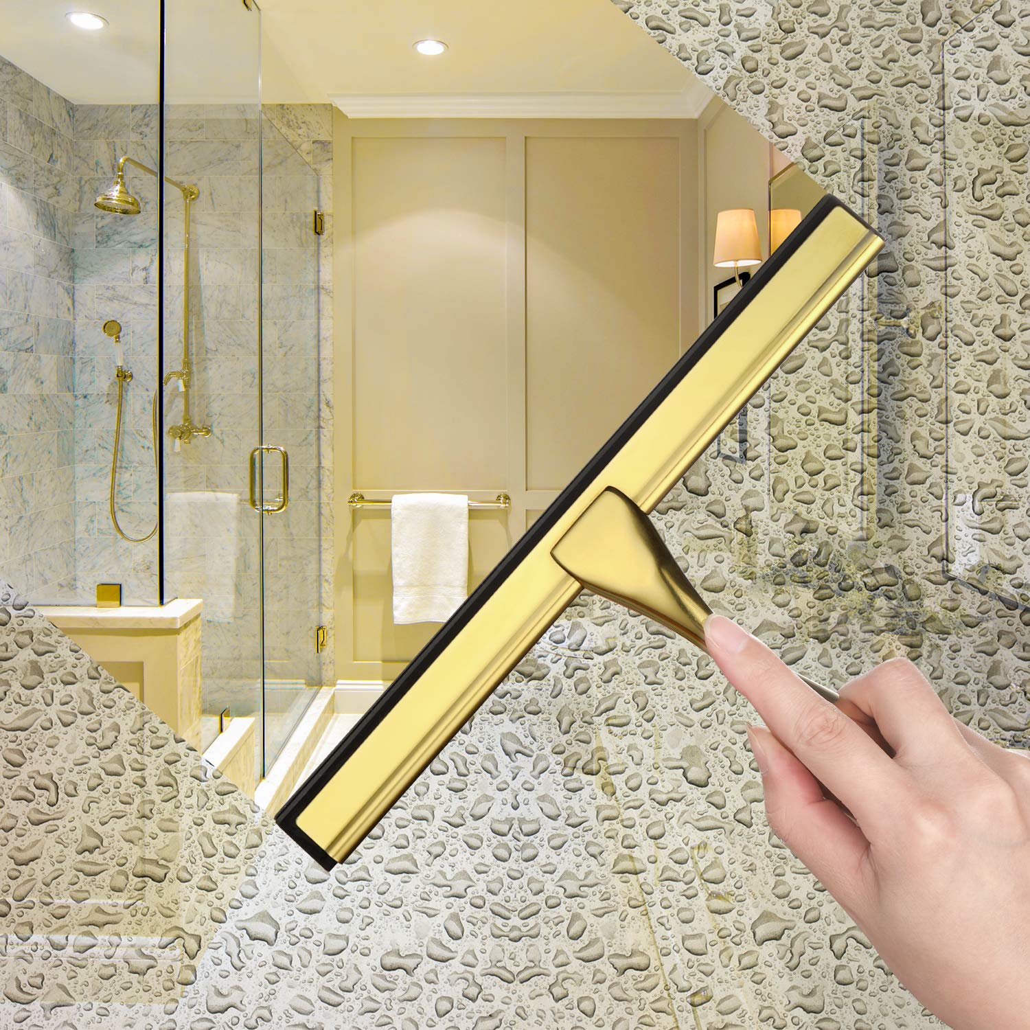 HIWARE All-Purpose Shower Squeegee for Shower Doors  Bathroom  Window and Car Glass - Brass  Stainless Steel  10 Inches