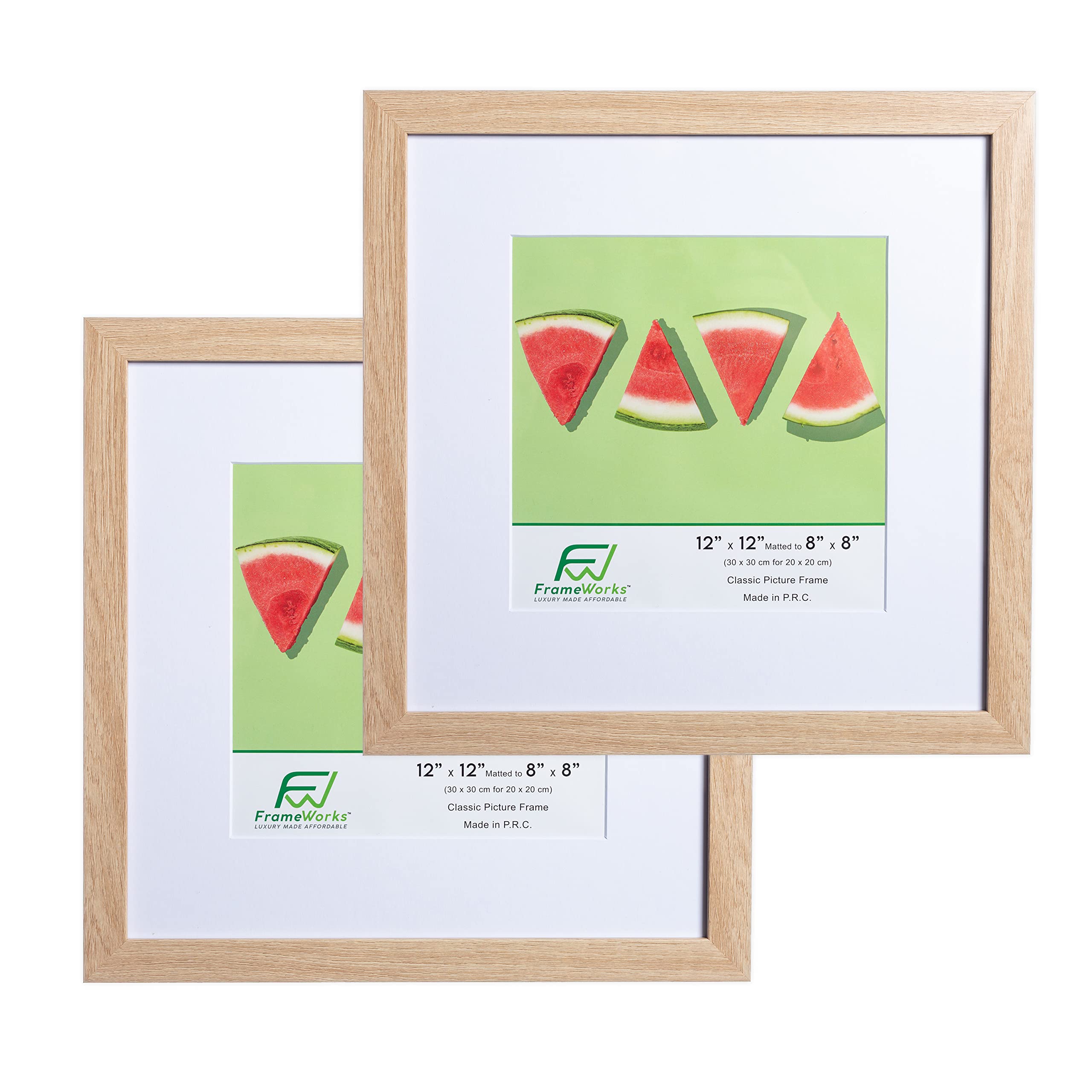 FrameWorks 2-Pack, 12x12 Matted to 8x8 Picture Frame, Natural Oak - Classic Photo Frame with Tempered Glass, Picture Frame with 