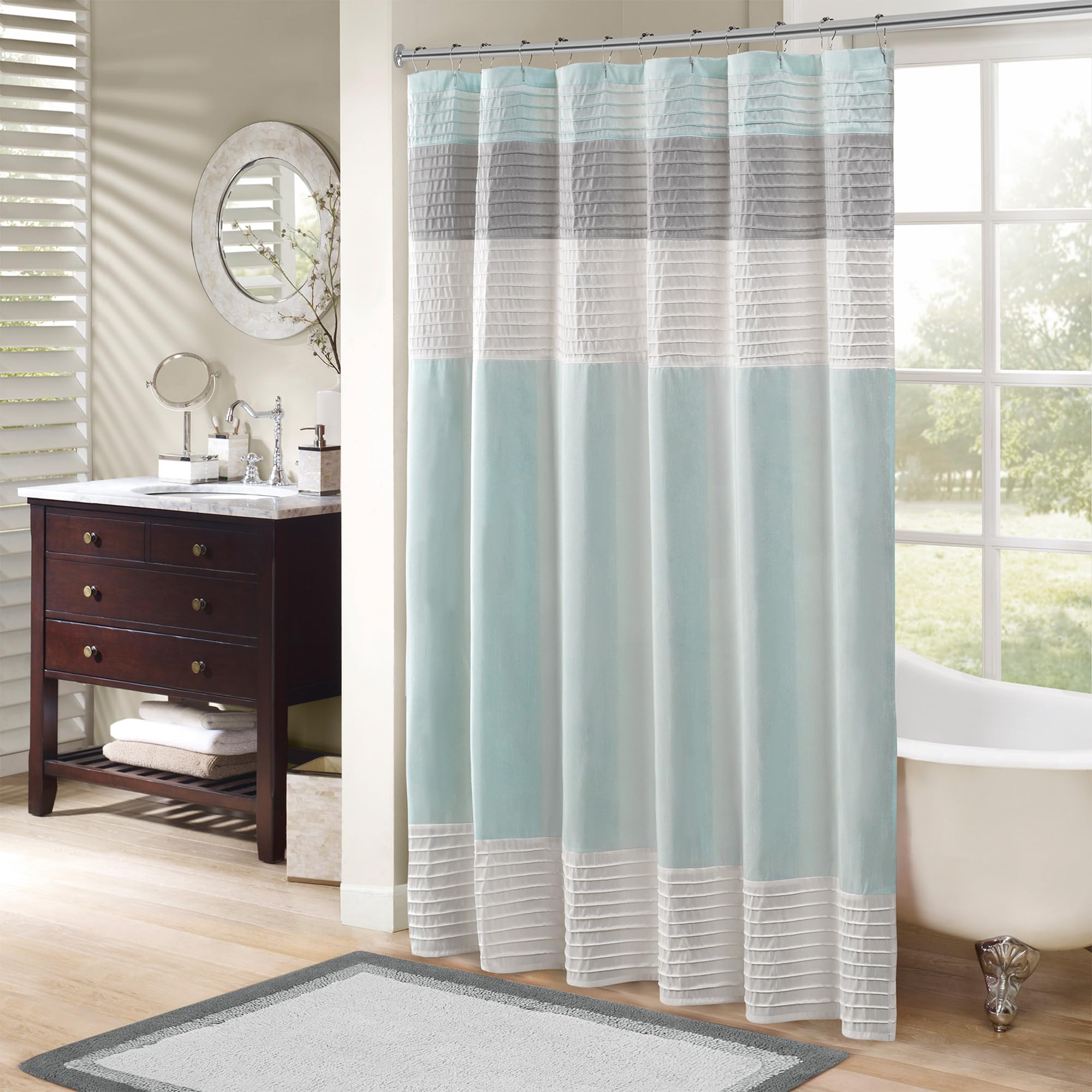 Madison Park Amherst Bathroom Shower Curtain Faux Silk Pieced Striped Modern Microfiber Bath Curtains, 72X84 Inches, Black