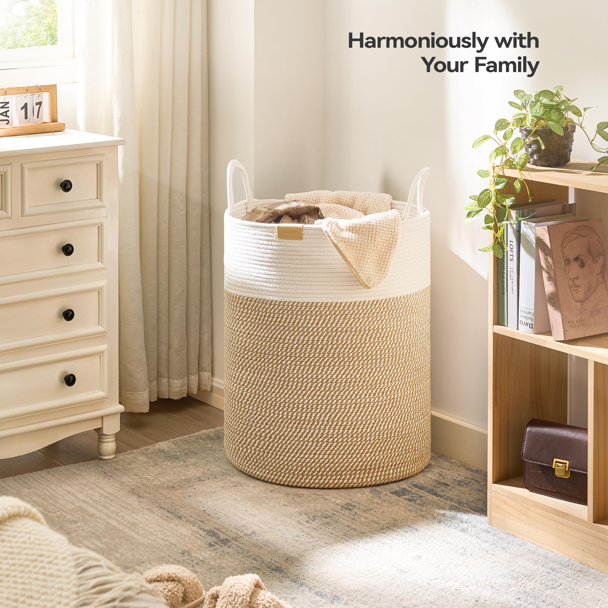 Nunsino 95L Laundry Hamper Basket,Baby Nursery Woven Storage Basket For Toys Bin,Pillows,Blankets,Clothes,Brown&White